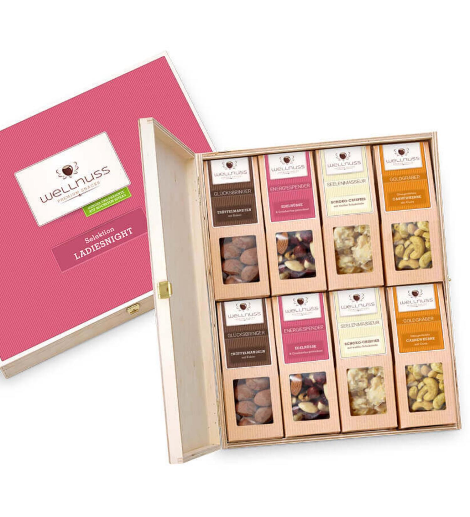 Wellnut Ladiesnight Premium Gift Set for Women | High-Quality Birch Wood Box with 8 Exceptional Nut & Chocolate Snacks | Perfect Delicatessen Gift Idea for Girlfriend Sister or Mother - Buy Online on SooperMarket.com