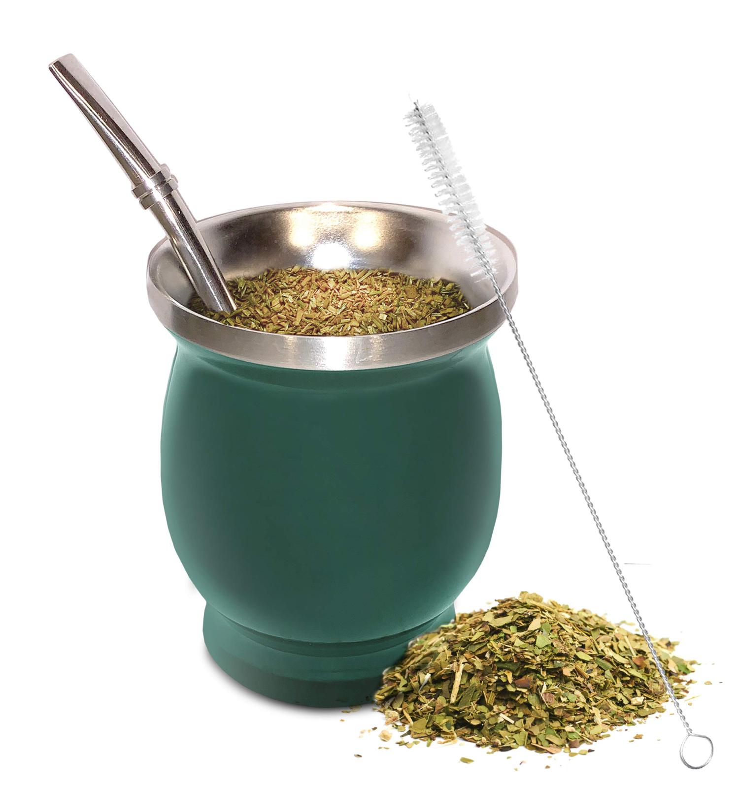 Yerba Mate Natural Gourd/Tea Cup Set Green (Original Traditional Mate Cup - 8 oz) | Includes Bombilla (Yerba Mate Straw) & Cleaning Brush | Green Stainless Steel | Double-Walled | Easy to Clean - Buy Online on SooperMarket.com