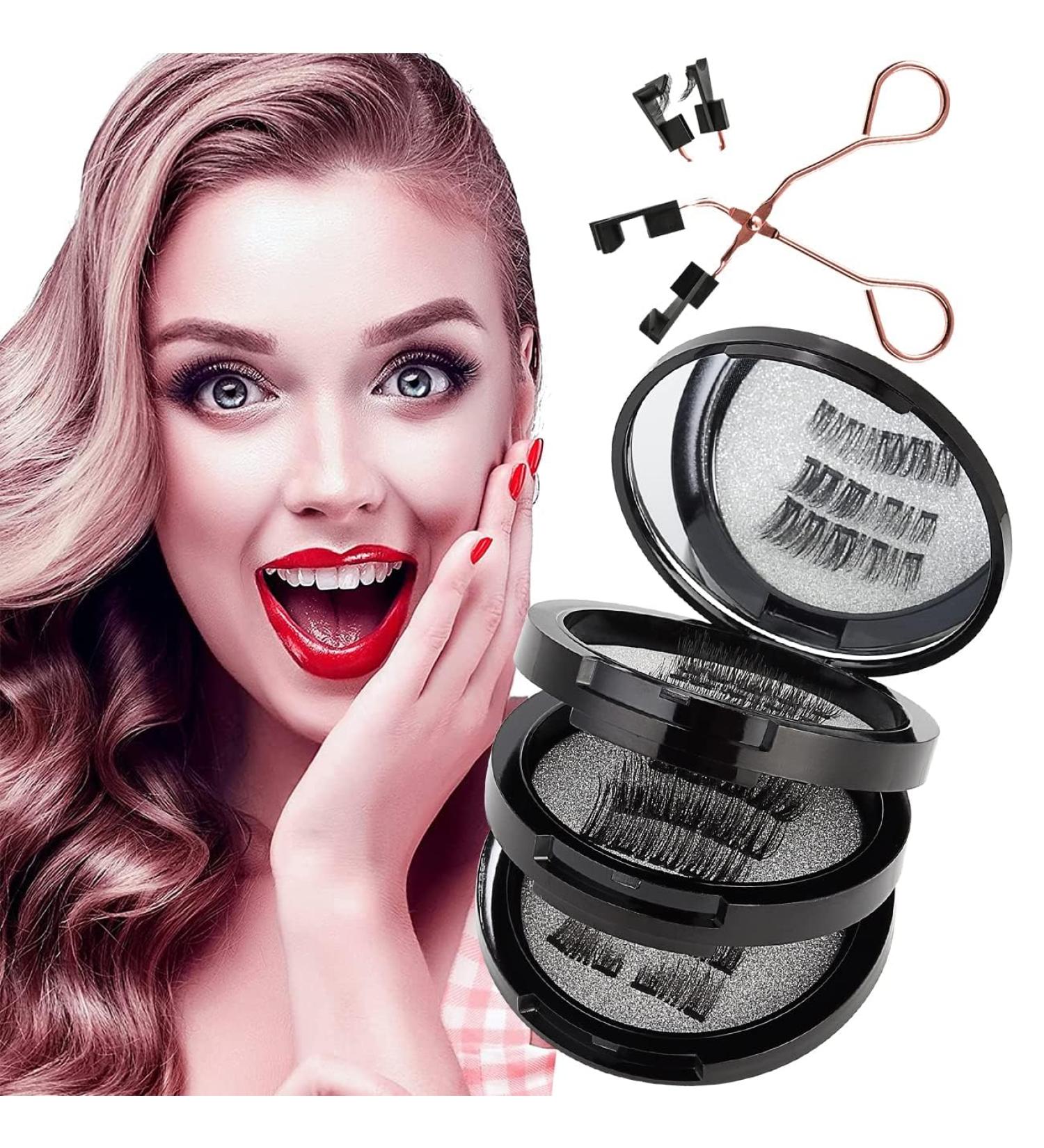 Magnetic Reusable False Eyelashes Set - 4 Pairs Natural Look 3D Effect | Waterproof, No Eyeliner Needed | Includes Applicator | Dark - Buy Online on SooperMarket.com