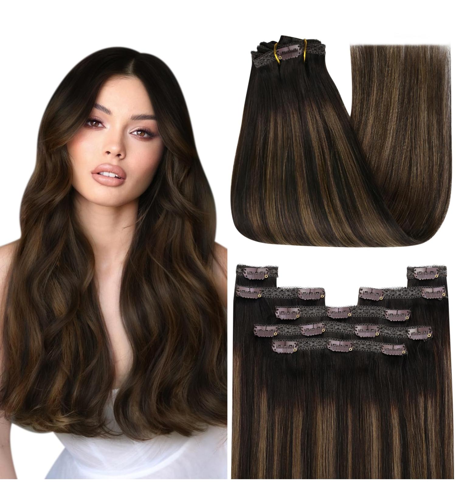 Youngsee 35cm Clip-In Extensions - Real Hair Balayage Ombre Medium Brown 120g (7Pcs) - Thick Remy Hair for Women - Buy Online on SooperMarket.com