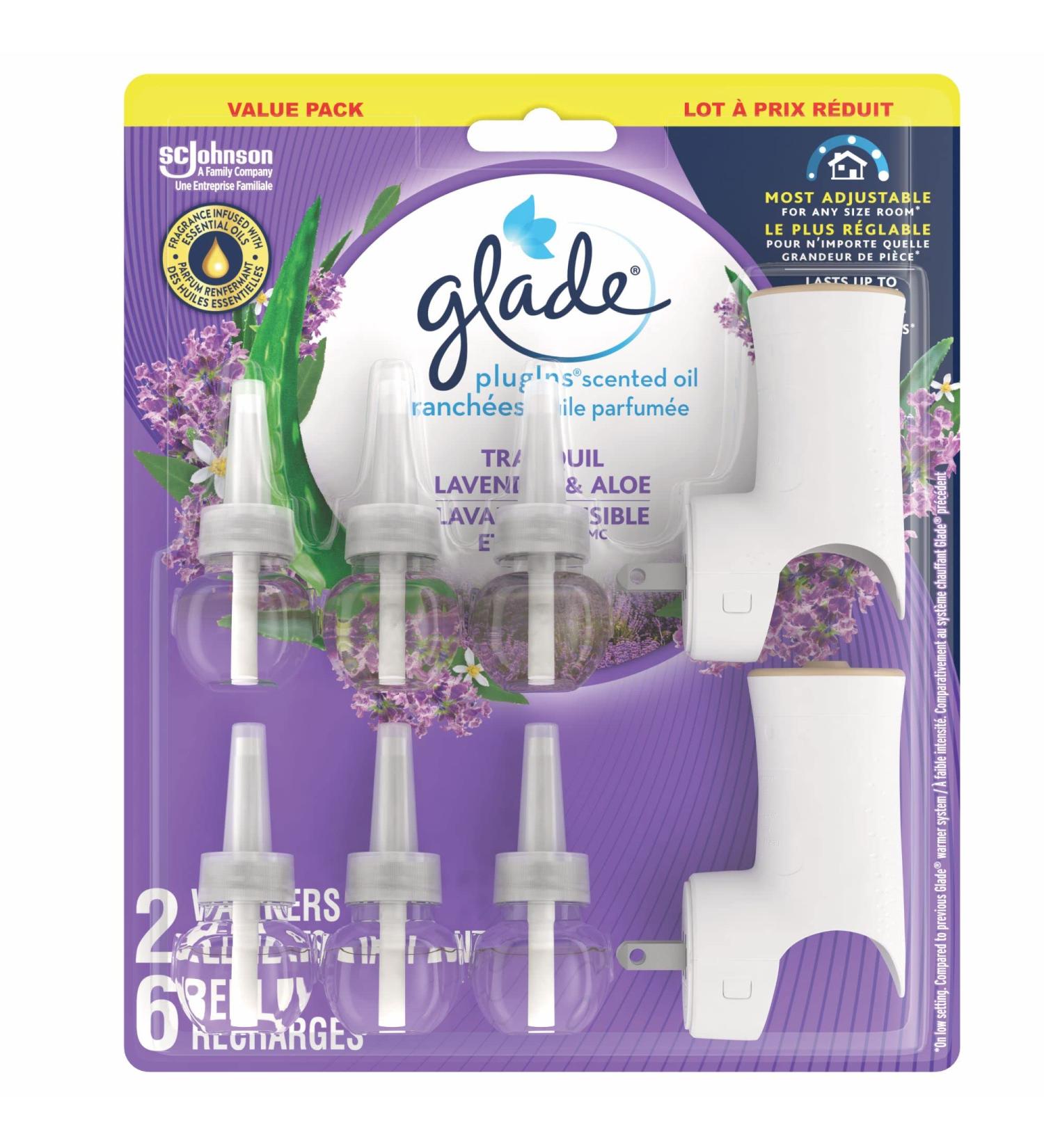 Glade PlugIns Air Freshener Kit Scented and Essential Oils for Bathroom and Home Fragrance Tranquil Lavender and Aloe 2 Warmers and 6 Fragrance Oil Refills Lavender & Aloe 118.89 ml (Pack of 1) - Buy Online on SooperMarket.com