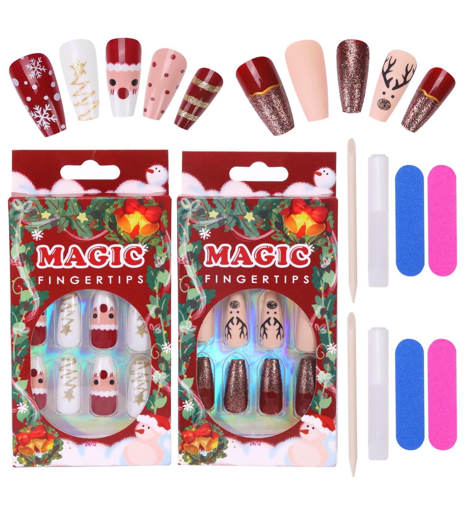 MELLIEX Christmas Fake Nails Artificial Full Cover Press on Nails 48 Pieces Xmas Coffin False Nail Tips Santa Claus Snowflake Elk Nail Art Decorations with Nail Glue and Nail Files - Buy Online on SooperMarket.com