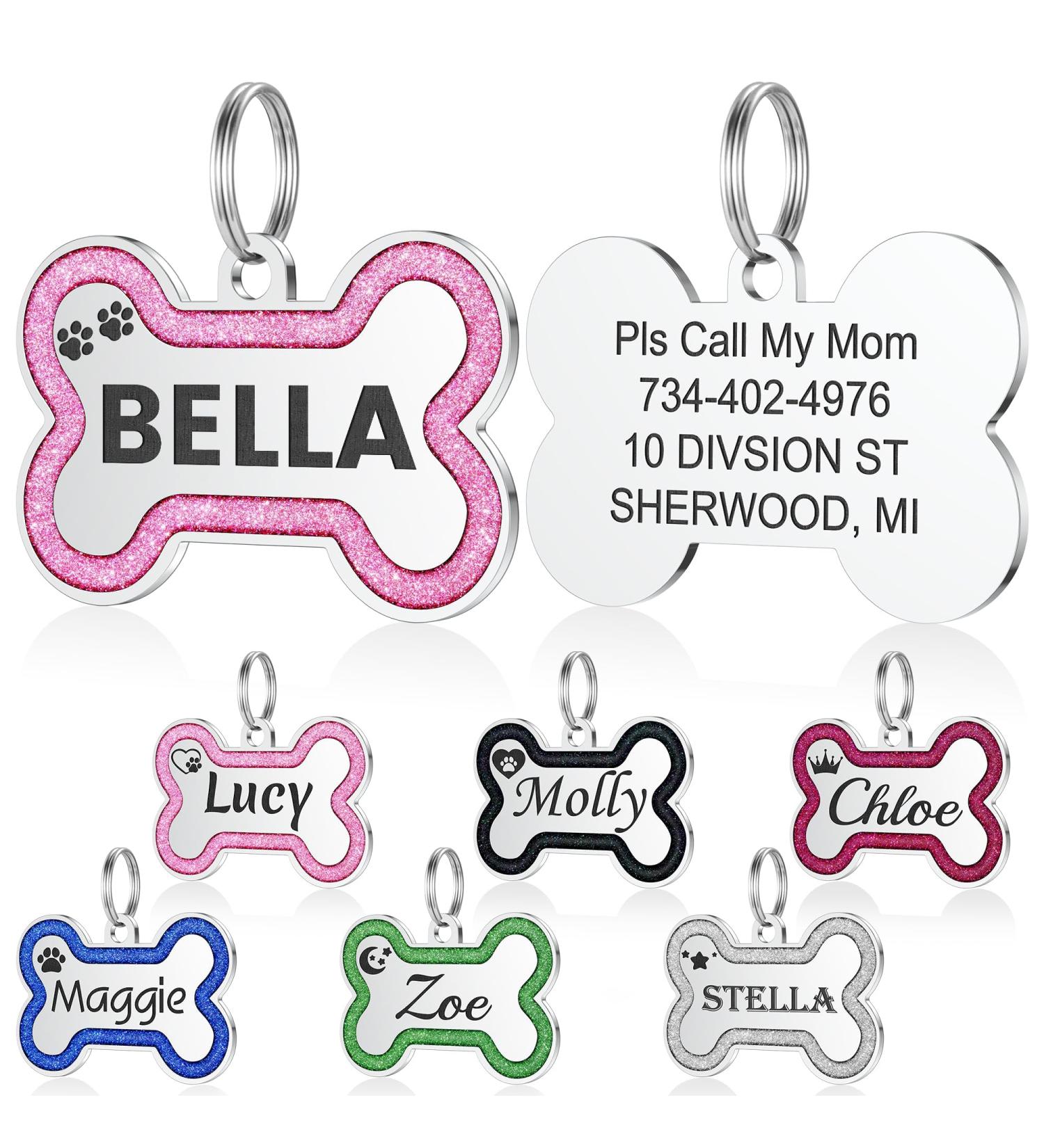 YEHANTI Dog Tags for Pets Engraved UK Glitter Bone Personalised Dog Tag with Lovely Icons Durable Stainless Steel ID Tags for Dogs Custom Dog Name Tag for Puppy Cat Exquisite Pet Gift (S Pink) Small Pink - Buy Online on SooperMarket.com