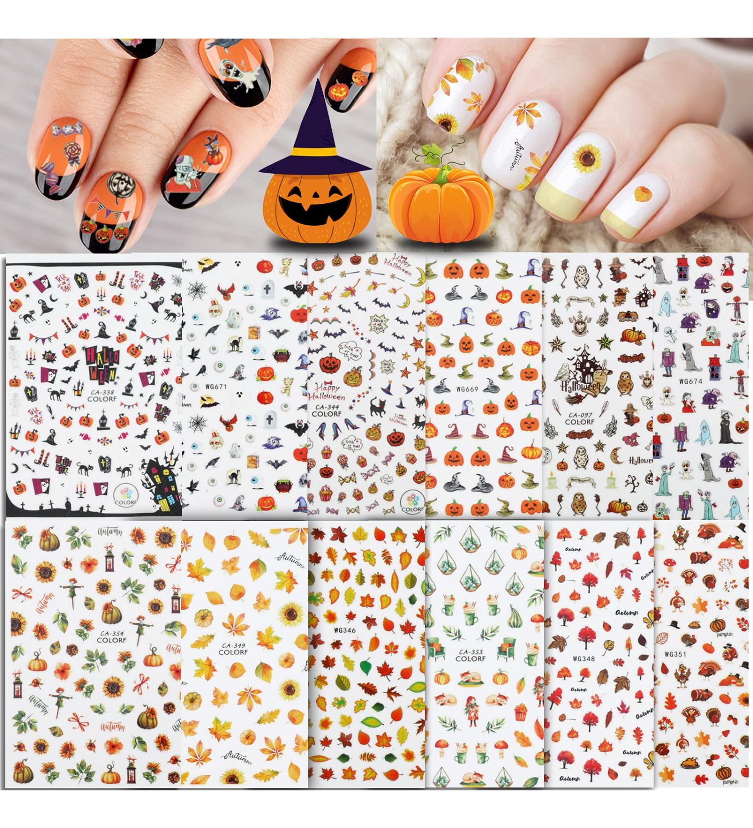 Whaline Autumn & Halloween Nail Art Stickers - 12 Sheets, Fall Leaves, Pumpkin, Bat, Ghost Patterns, Self-Adhesive Nail Decoration for Women, Girls - Perfect for Autumn Halloween Party Favors and DIY Nails - Buy Online on SooperMarket.com