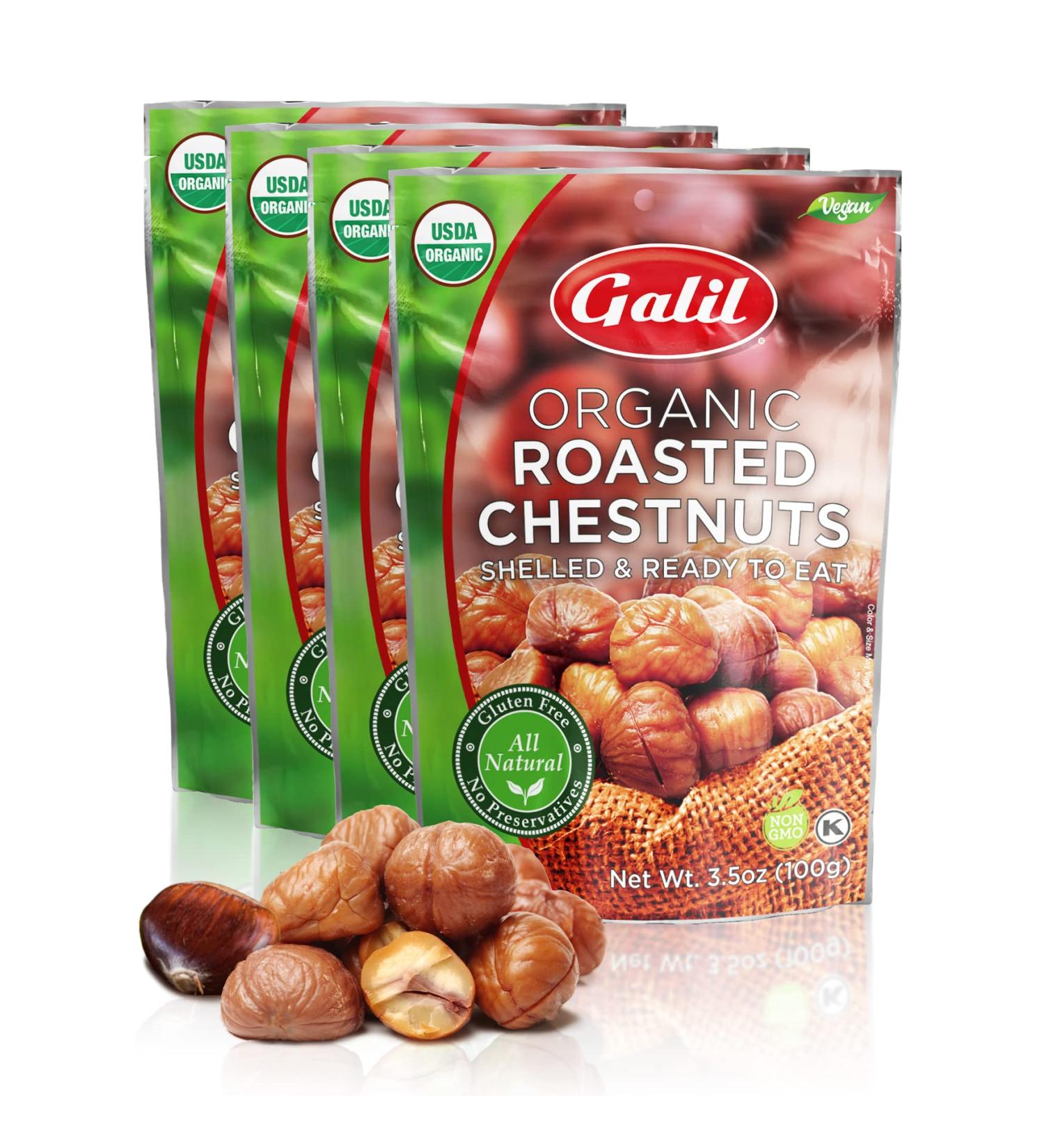 Galil Organic Roasted Chestnuts Pack of 4 - Shelled & Ready to Eat - Gluten Free Vegan Snacks - Non-GMO Kosher - Ideal for Baking, Cooking, and Turkey Stuffing - 3.5oz Bags - Buy Online on SooperMarket.com