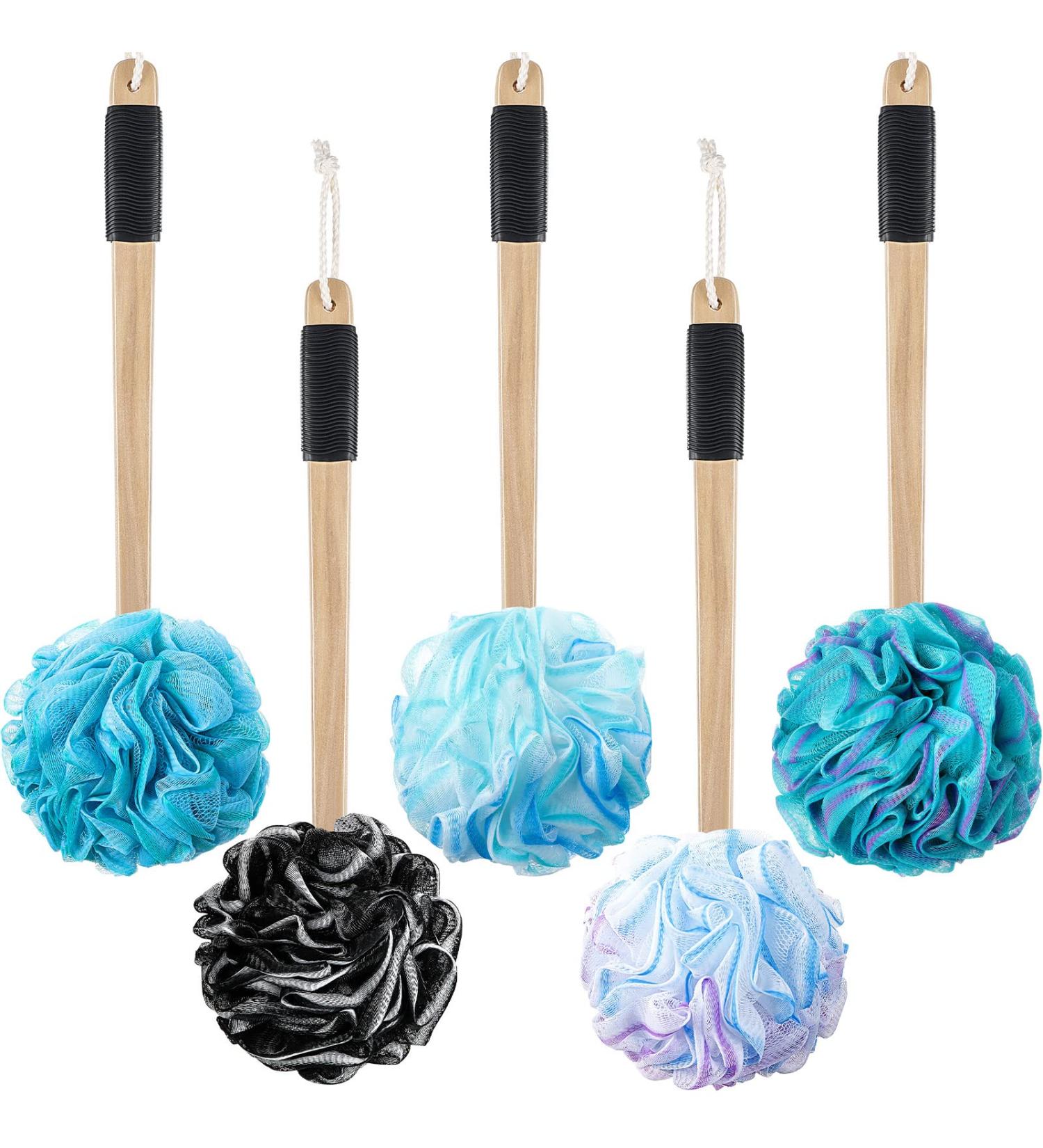 Sunnyray 5 Count Shower Loofah on a Stick - Exfoliating Nylon Mesh Luffa Bath Sponges for Deep Cleansing - Long Handle Back Scrubber for Men and Women (Multicolor) - Buy Online on SooperMarket.com