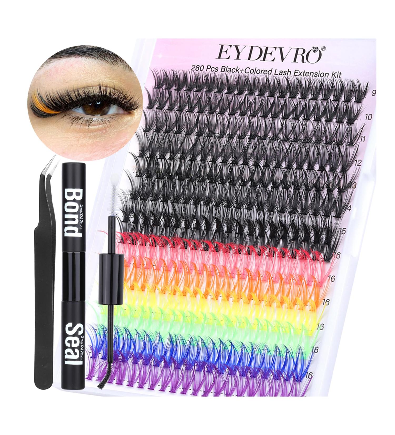 Lash Extension Kit - DIY Colored Lash Clusters | 6 Color Individual Lashes Bond & Seal Tweezers | EYDEVRO 8-16mm D Curl Rainbow Kit - Buy Online on SooperMarket.com