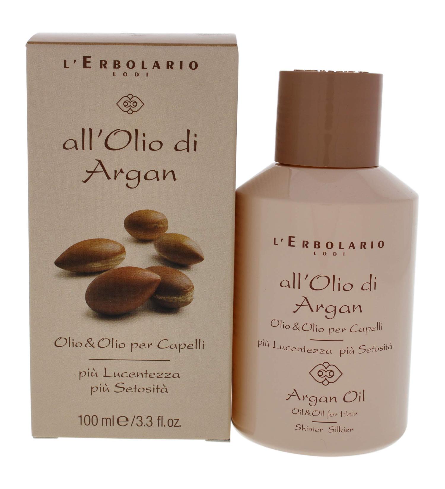 L'Erbolario Argan Oil For Hair - Super-Nourishing  Protective And Shining Treatment - For Softness  Silkiness And Splendor - Delicate Scent Of Hazelnut - For All Hair Types - 3.3 Oz Hair Oil
