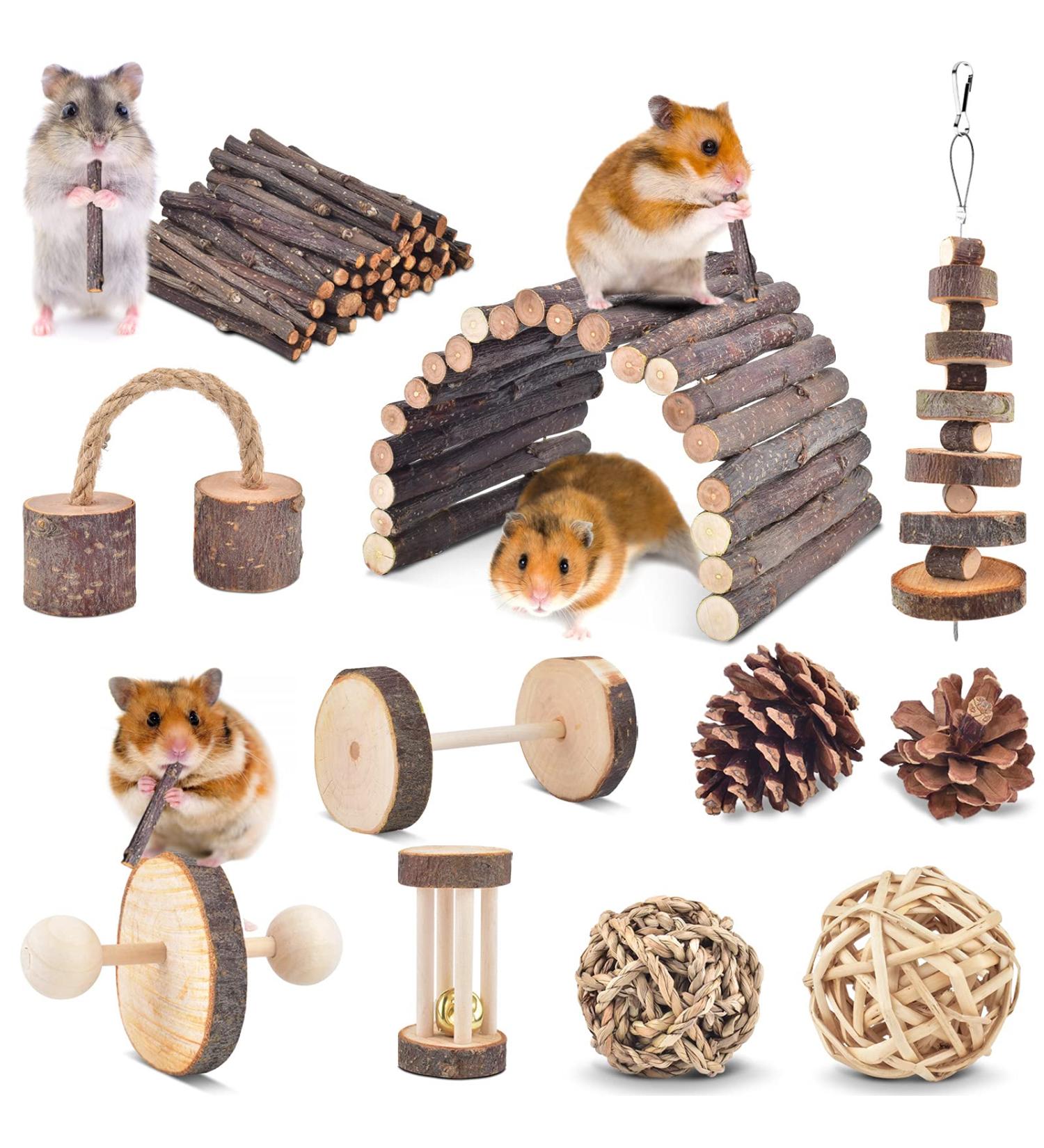 ERKOON Small Animal Chew Toys - Natural Wooden Accessories for Hamsters, Guinea Pigs, Gerbils, Rats, Chinchillas - Boredom Breaker, Teeth Molar Exercise - Play Bridge, Roller, Dumbbells - Buy Online on SooperMarket.com