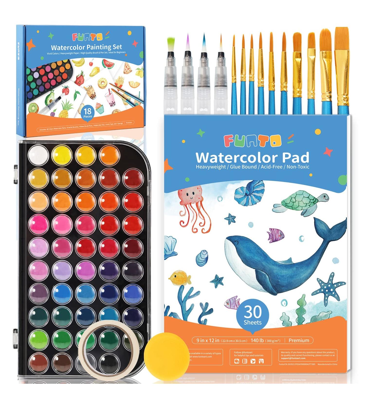 Funto Watercolor Set - 48 Color Paint with Brushes, Water Brush Pens, Pad, Tape, Sponge, Palette - Painting Kit for Kids, Adults, Beginners - Buy Online on SooperMarket.com