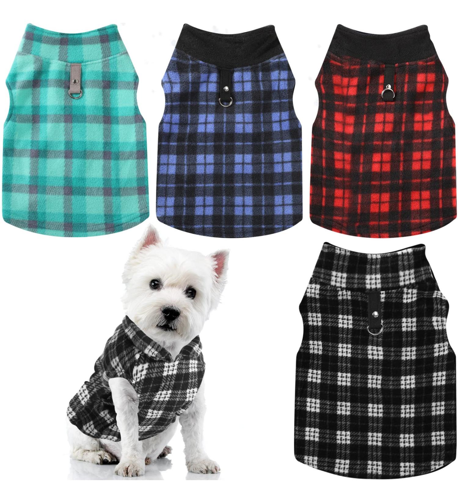 Winter Fabric Dog Sweater with Leash Ring - Plaid S | Warm Fleece Vest Pullover Jacket for Small Dogs and Cats - Buy Online on SooperMarket.com