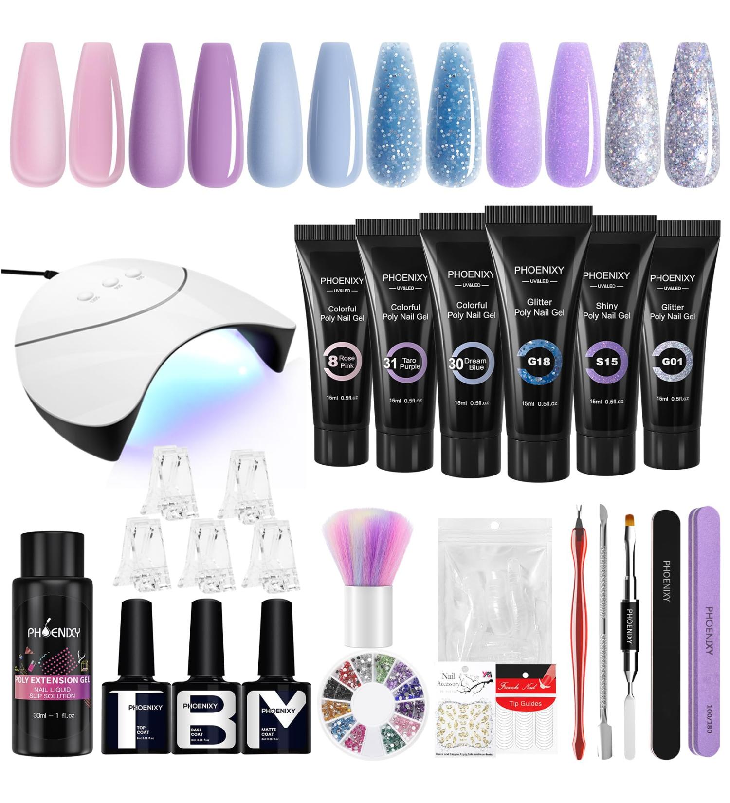 Poly Nail Gel Starter Set with 36W UV/LED Lamp | Phoenixy Blu Purple 6 Colors Base & Top Coat Perfect Gift! - Buy Online on SooperMarket.com