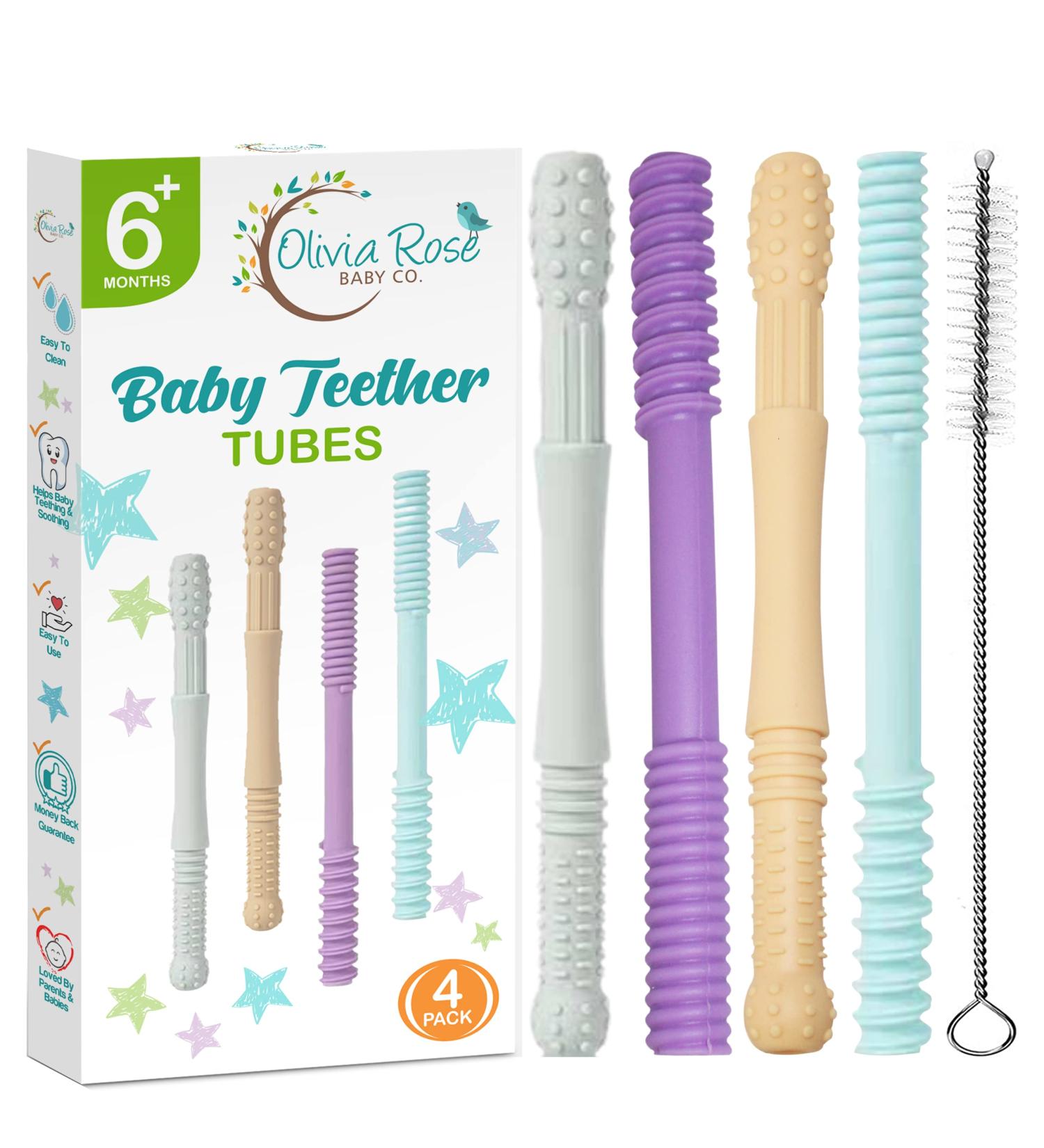 Soft Silicone Teething Tubes for Babies (4 Pack) with Cleaning Brush - Safe Teether Toy for Infants & Toddlers - Buy Online on SooperMarket.com