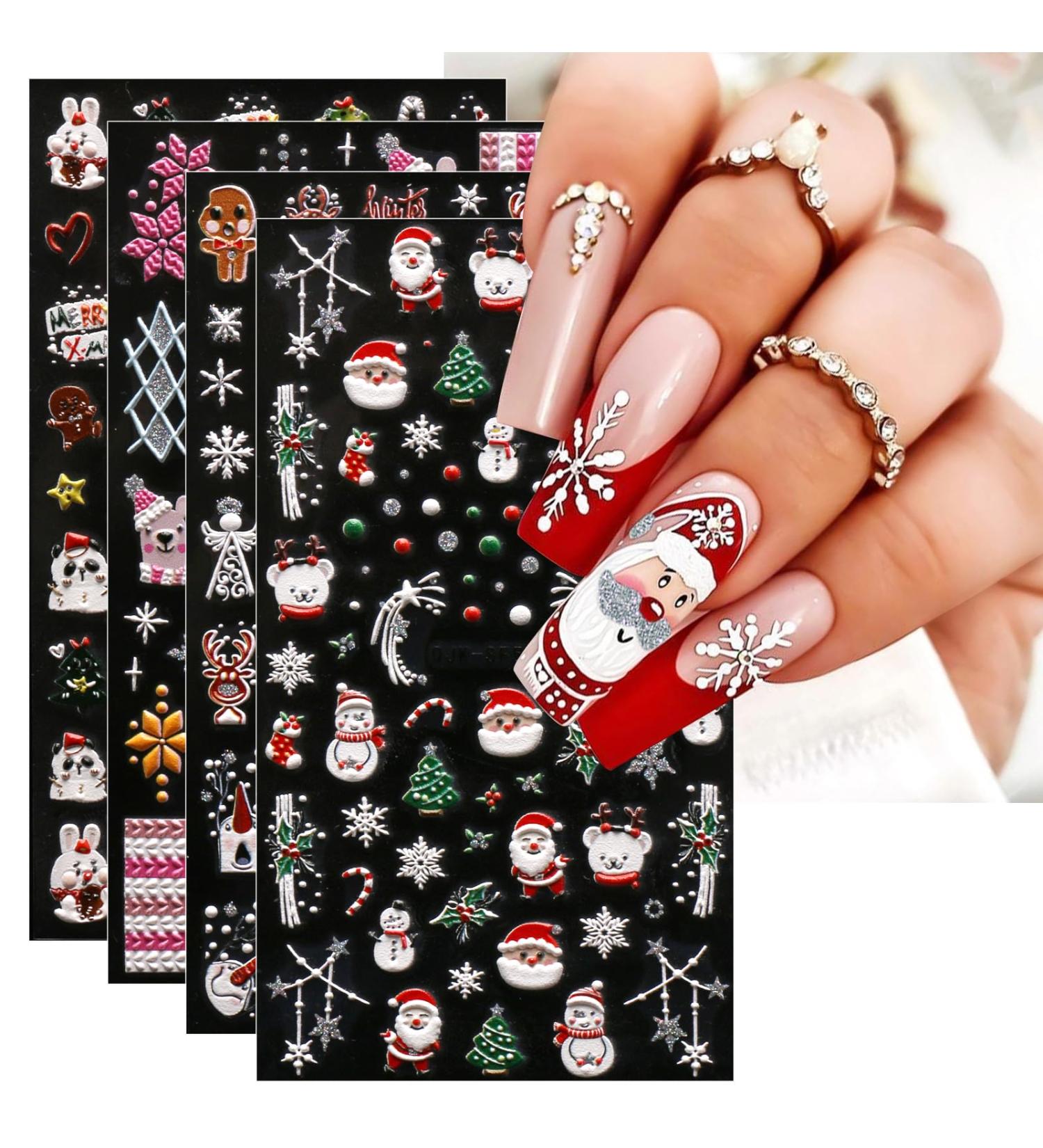JMEOWIO 3D Embossed Christmas Glitter Nail Art Stickers Decals Self-Adhesive 5D Snowflake Xmas Winter Holiday Santa Cute Nail Supplies Nail Art Design Decoration Accessories 4 Sheets - Buy Online on SooperMarket.com