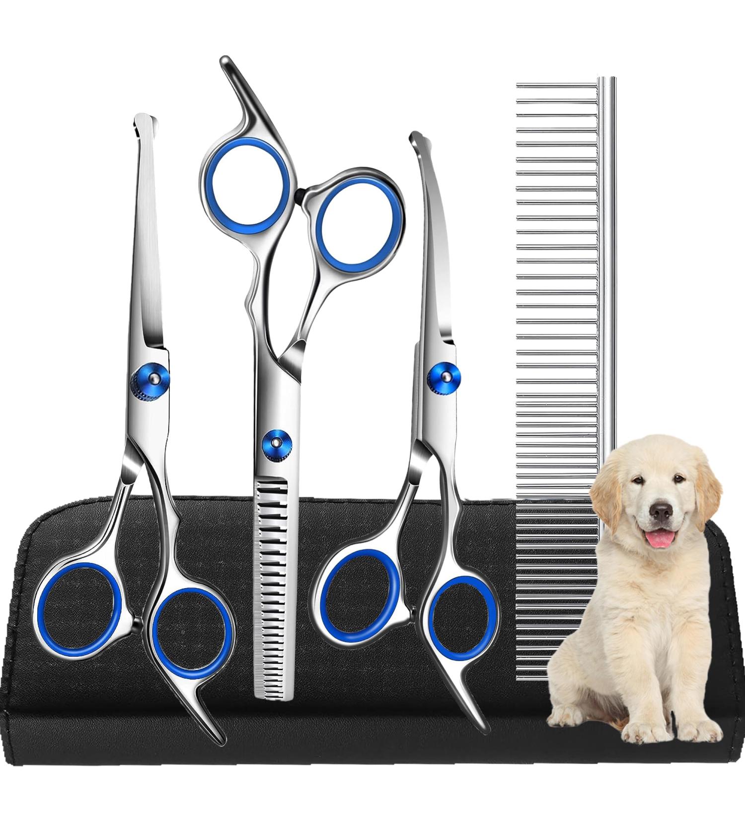 6.7 Inch Stainless Steel Dog Grooming Scissor Kit with Safety Round Tips - Pet Grooming Shears Set with Thinning & Curved Scissors for Hair Fur Care - Buy Online on SooperMarket.com