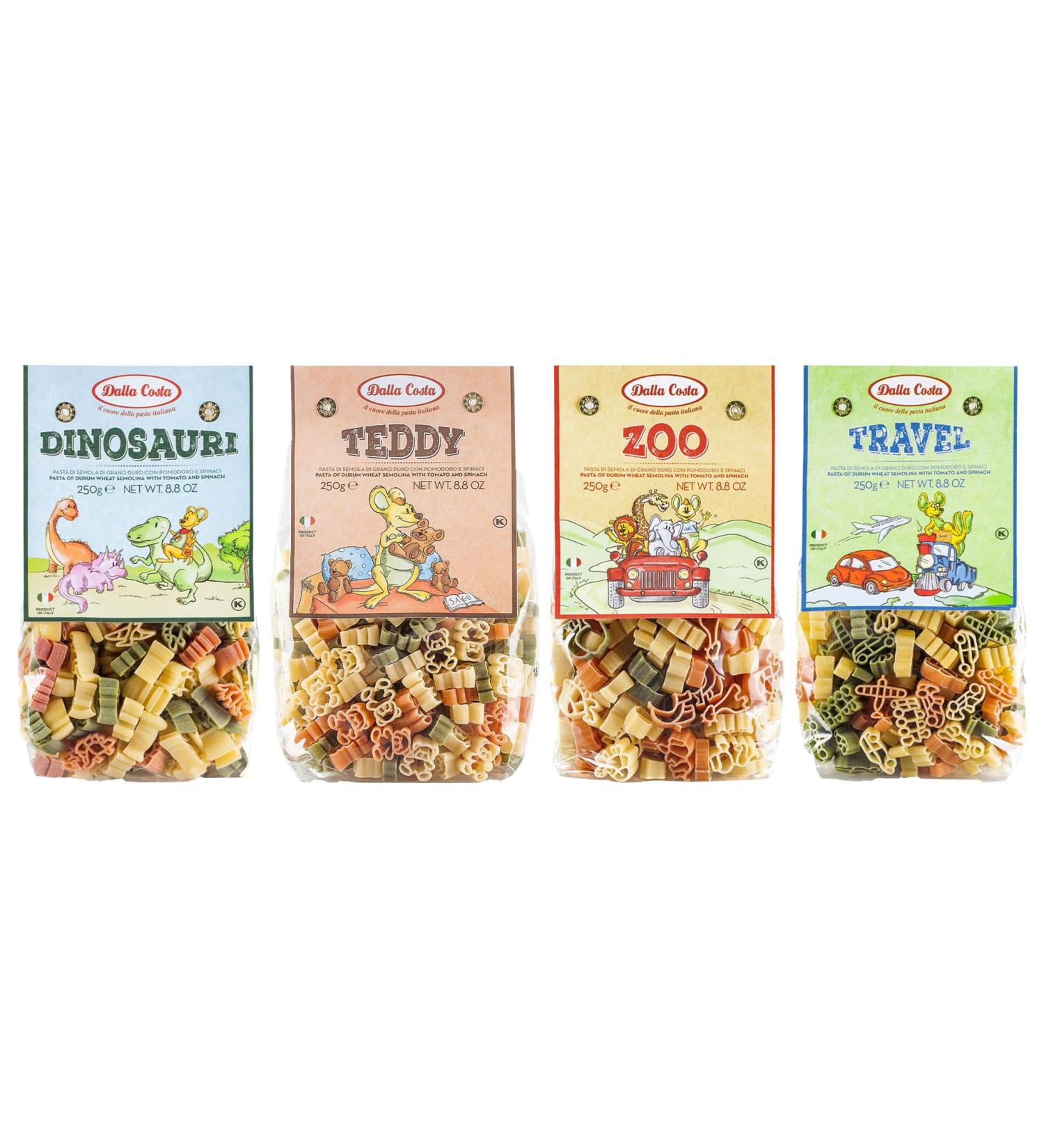 Dalla Costa Tricoloured Pasta Bundle - Dinosauri Teddy Zoo Travel (4x250g) - Buy Online on SooperMarket.com