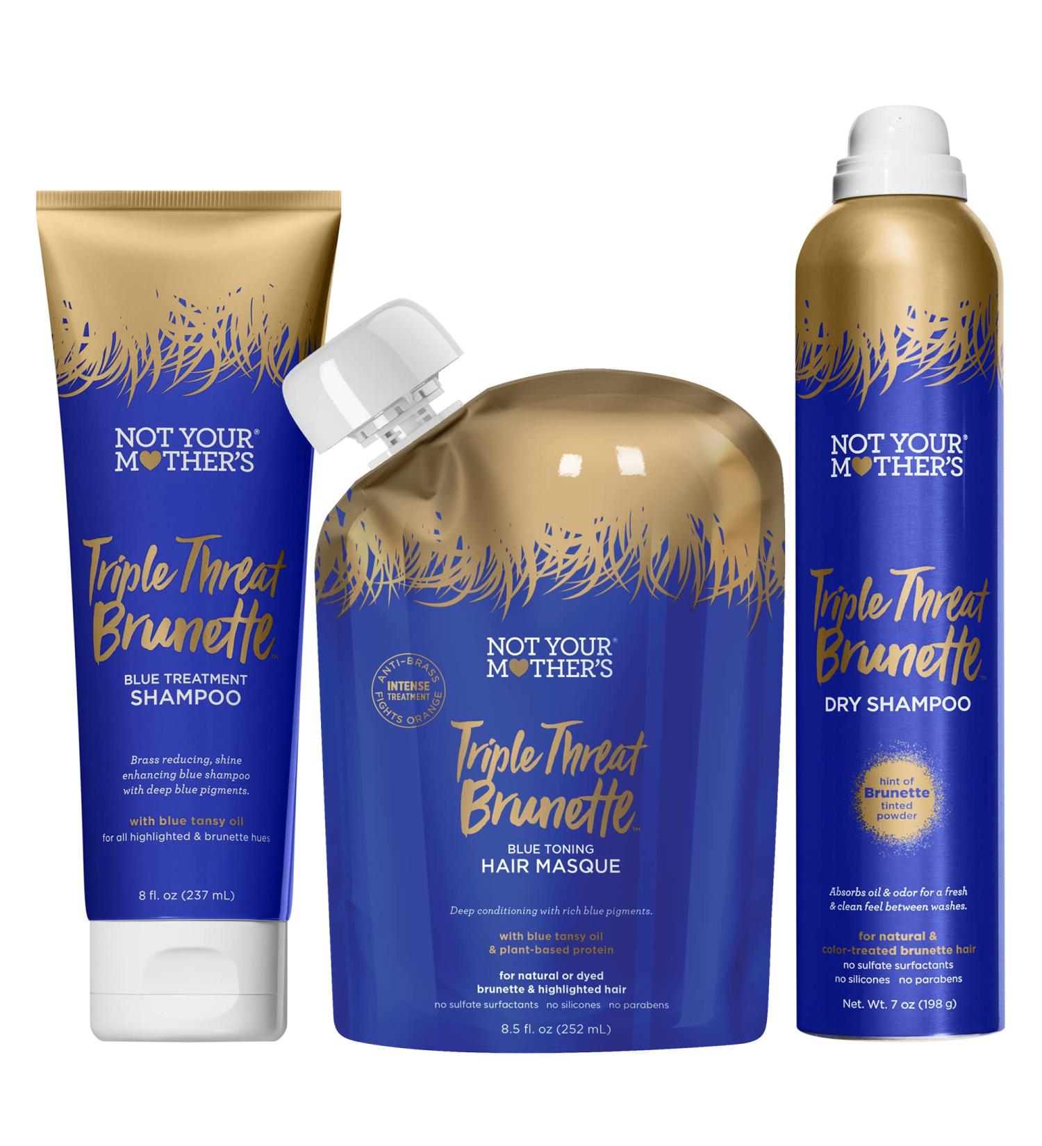 Not Your Mother's Triple Threat Brunette Set - Blue Shampoo & Conditioner For Brass Reduction, Hair Shine, and Moisture (3-piece Set) - Buy Online on SooperMarket.com