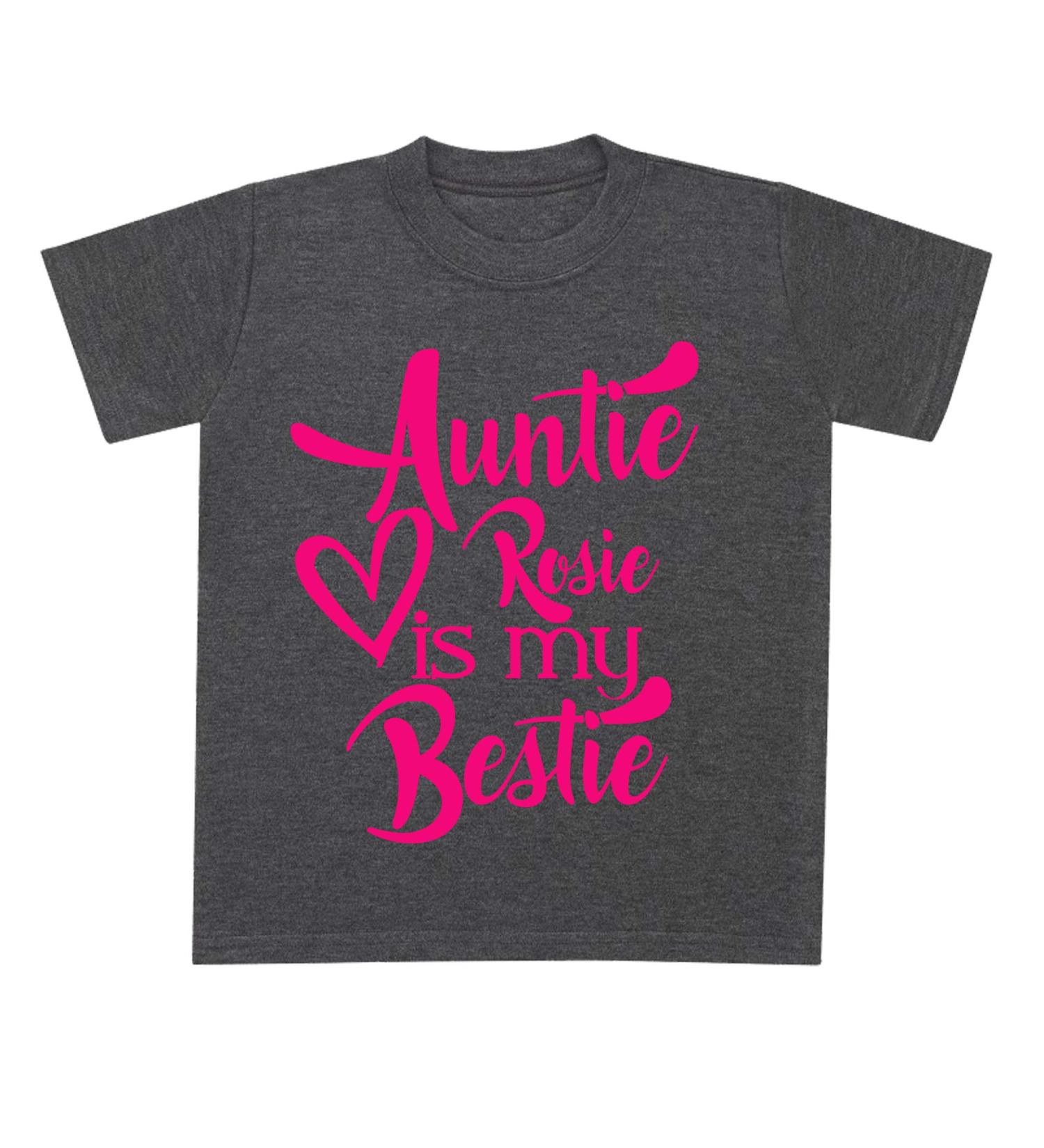 Pink Auntie Custom Name is My Bestie Baby T Shirt Top Aunty 9-11 Years Dark Heather