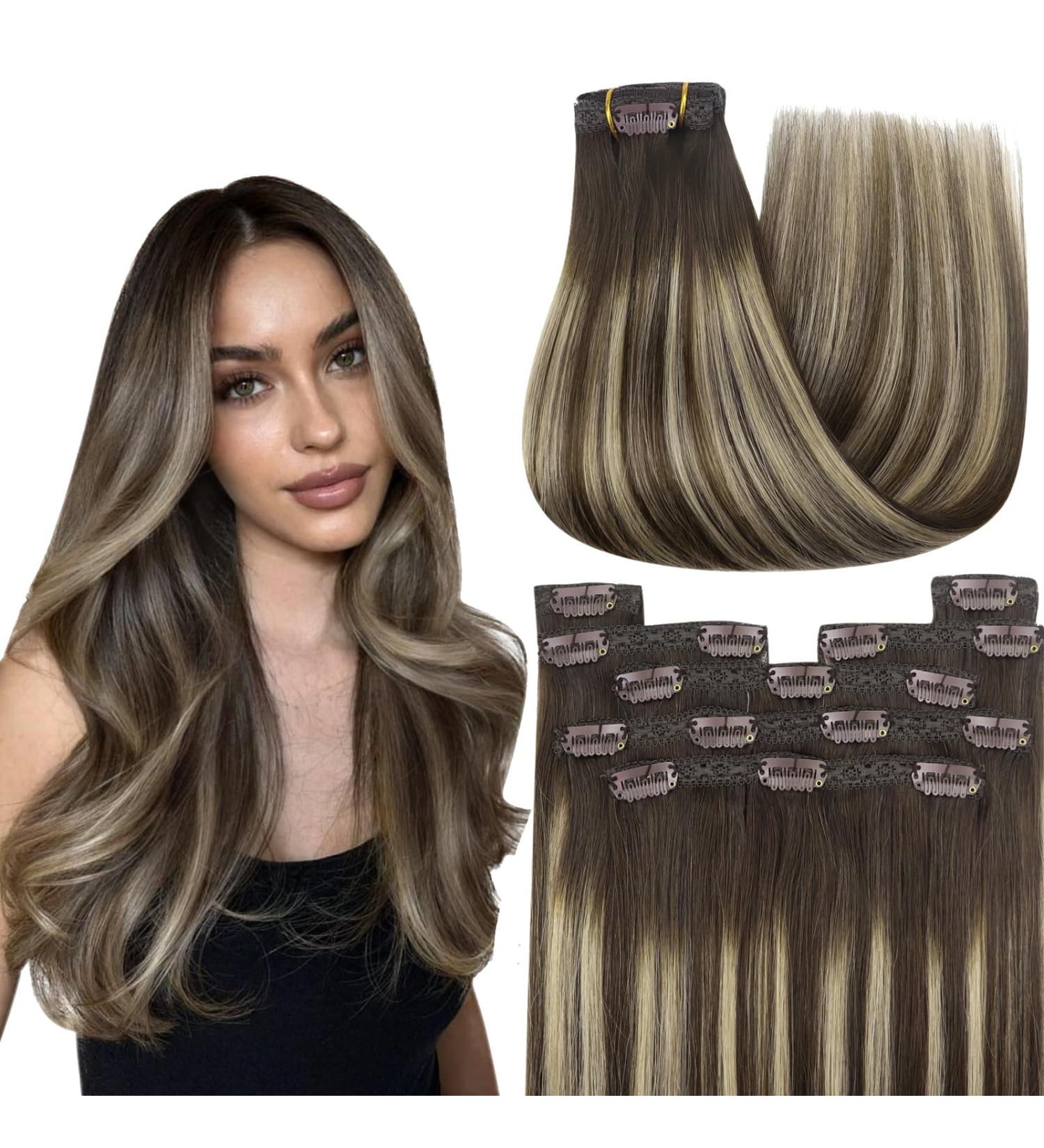 Buy Youngsee Real Hair Ombre Clip-in Extensions 40cm | Brown Blonde 120g Remy Hair | 7PCs #4/18/4 - Buy Online on SooperMarket.com