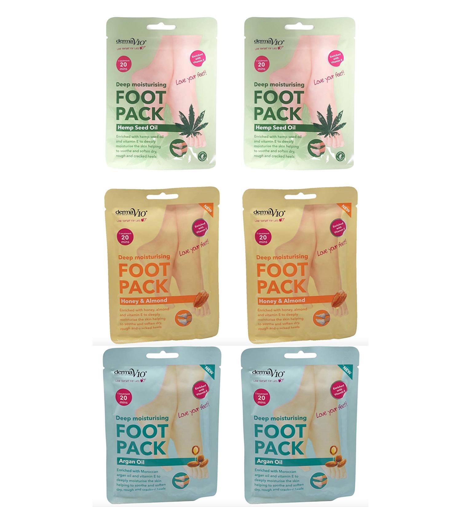 Derma V10 Foot Pack Mask (6 Pack) Deep Moisturising (Hemp Seed Oil Honey & Almond Argan Oil)