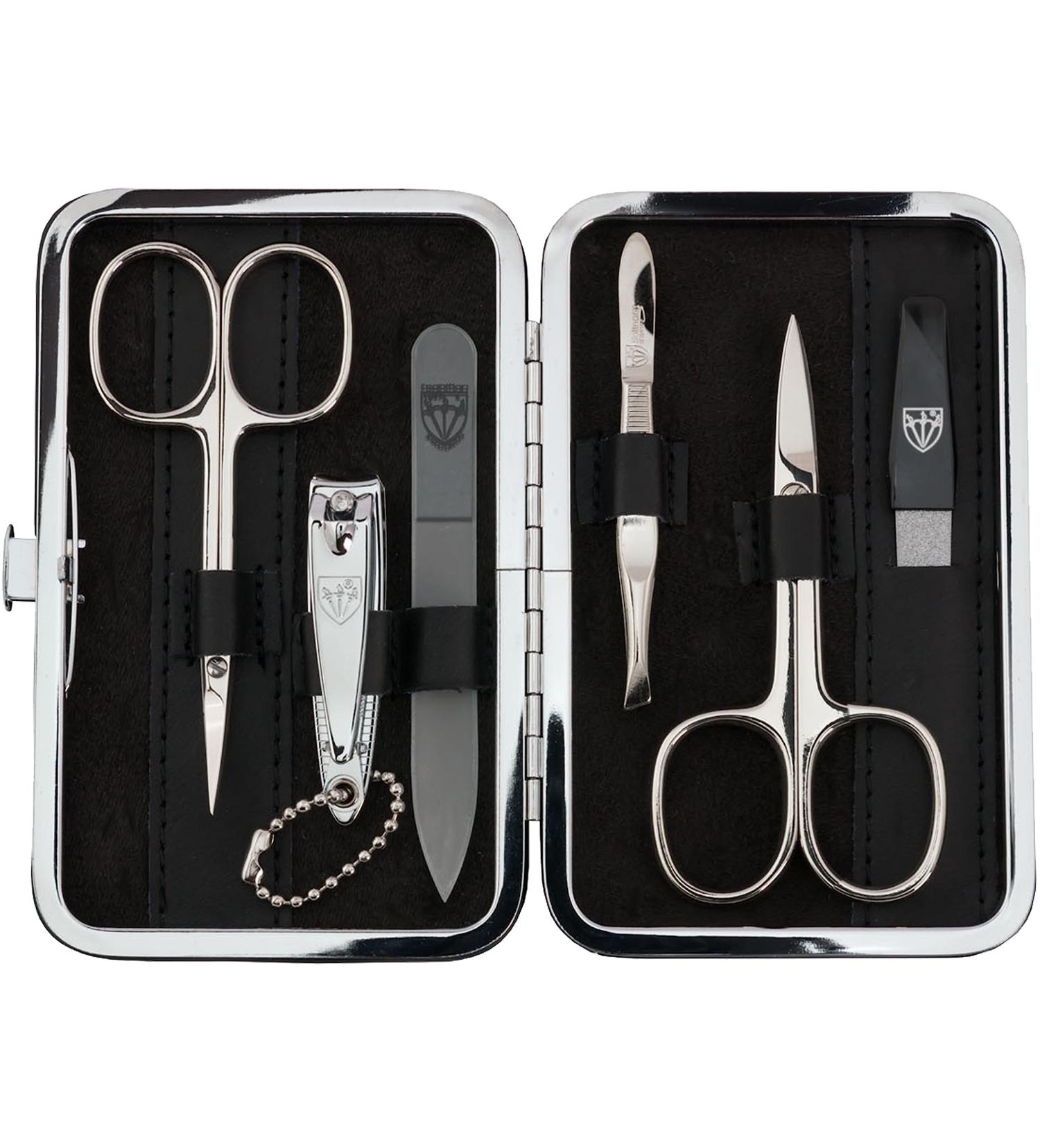 Three Swords Germany 6-Piece Manicure Set 'Genova' - Real Leather Black Nail Tui with Scissors Clippers Glass & Sapphire Nail Files Tweezers - Buy Online on SooperMarket.com