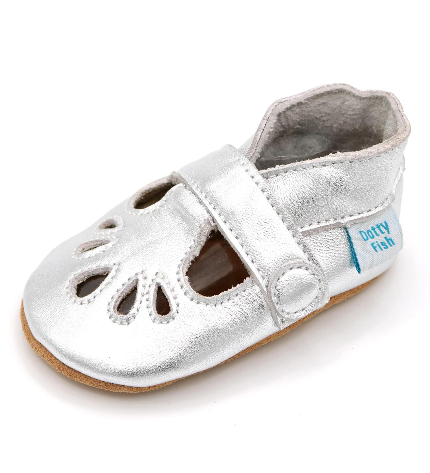 Dotty Fish Soft Leather Baby Shoes | Classic T-Bar Girls' Shoes | Non-Slip Suede Soles | 0-6 Months - 2-3 Years | Silver - Buy Online on SooperMarket.com