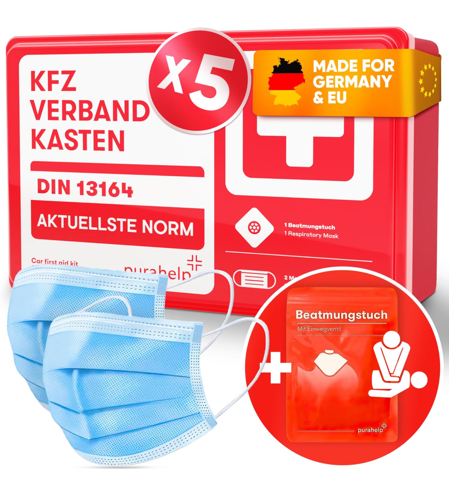Purahelp 5x Car Bandage Box - 2024 DIN 13164 Compliant First Aid Set with Ventilation Towel & Climbing Strips | International Shipping - Buy Online on SooperMarket.com