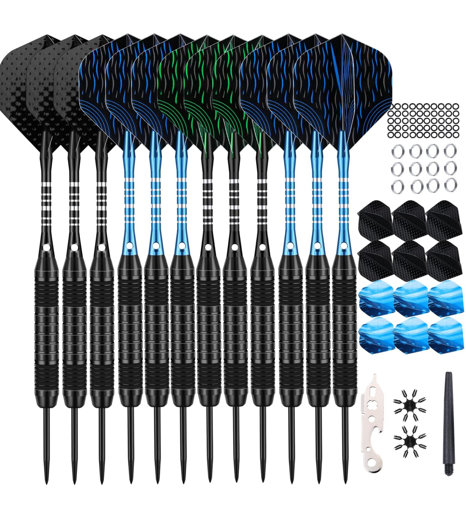 12 Pack Metal Tip Darts Set 22/24g for Dartboard - Premium Aluminum Shafts, Rubber O-rings, Nylon Shafts, Flights, Tool Kit - Black & Blue - Buy Online on SooperMarket.com