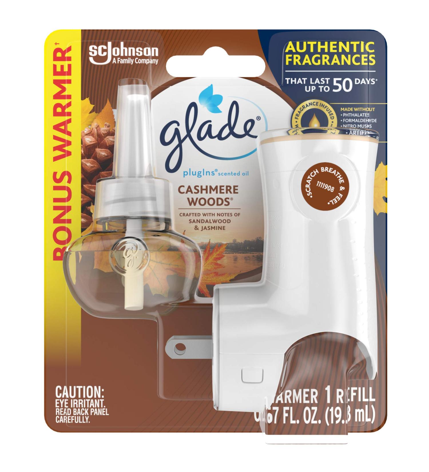 Glade PlugIns Cashmere Woods Air Freshener Starter Kit - 0.67 Fl Oz - Home and Bathroom Scented Oil Refill - 1 Warmer + 1 Refill (Pack of 1) - Buy Online on SooperMarket.com