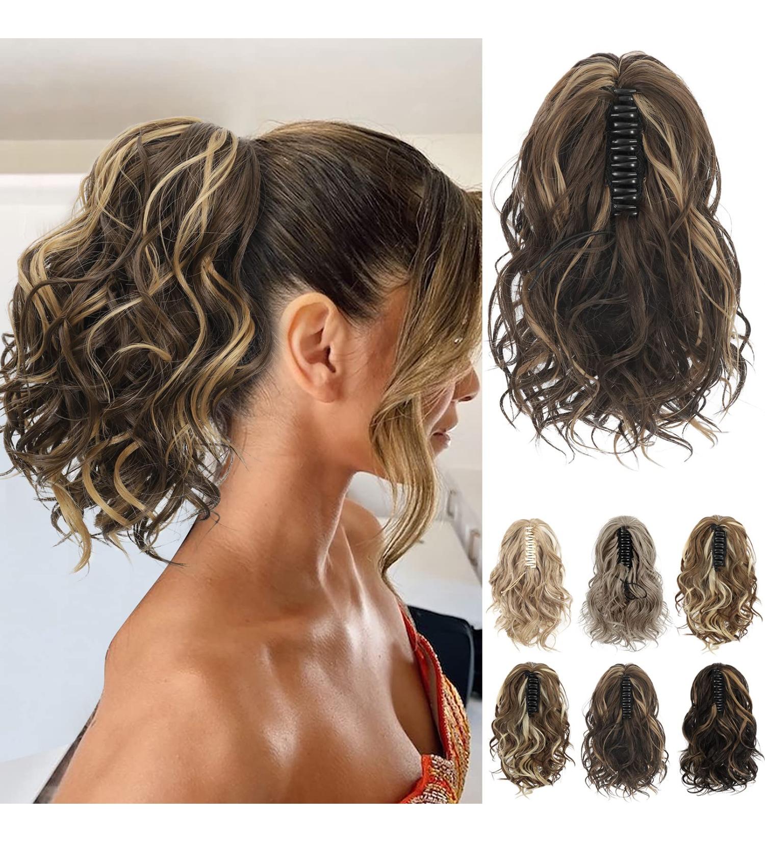 REECHO 10 Inch Short Curly Ponytail Extension | Brown with Honey Blonde Highlights - Buy Online on SooperMarket.com