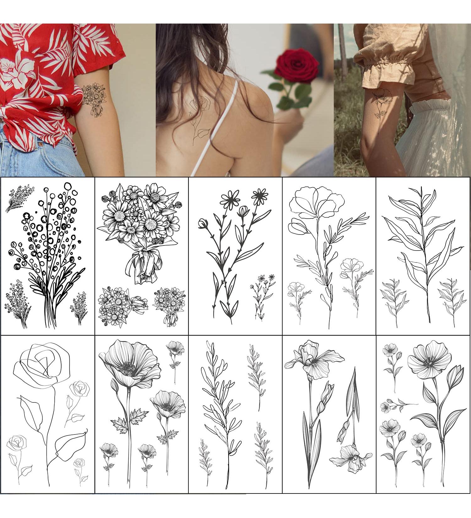 Esland Realistic Line Art Flowers Temporary Tattoos - Set of 10 Small Botanical Leaf Tattoo Stickers for Women - Buy Online on SooperMarket.com