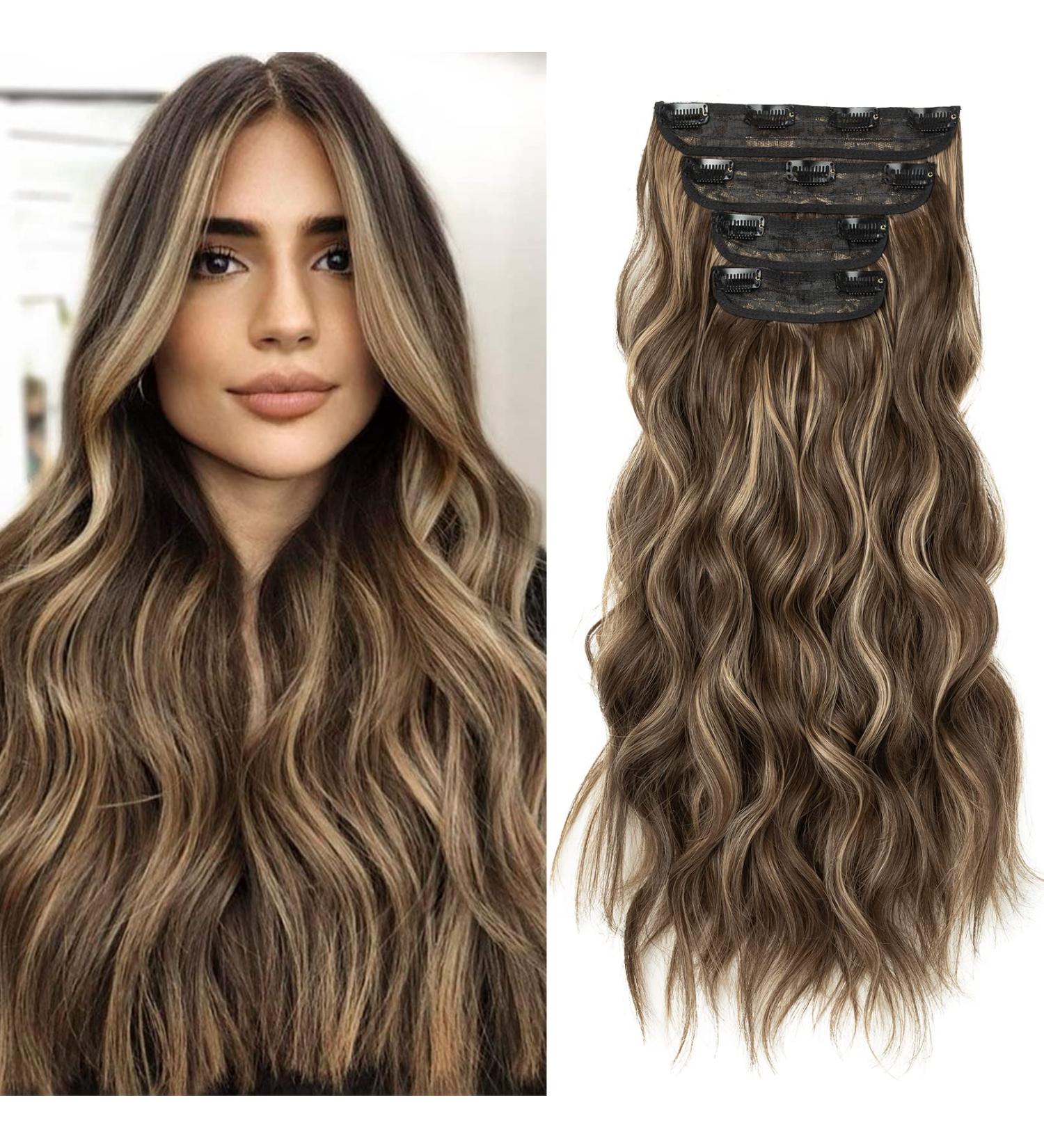 REECHO Blonde Hair Extensions 4PCS Clip in Hair 20 Thick Long Beach Wave Synthetic Hairpieces 6H12-Chocolate Brown with Blonde Highlights, 24 Inch, Pack of 4, 280g - Buy Online on SooperMarket.com