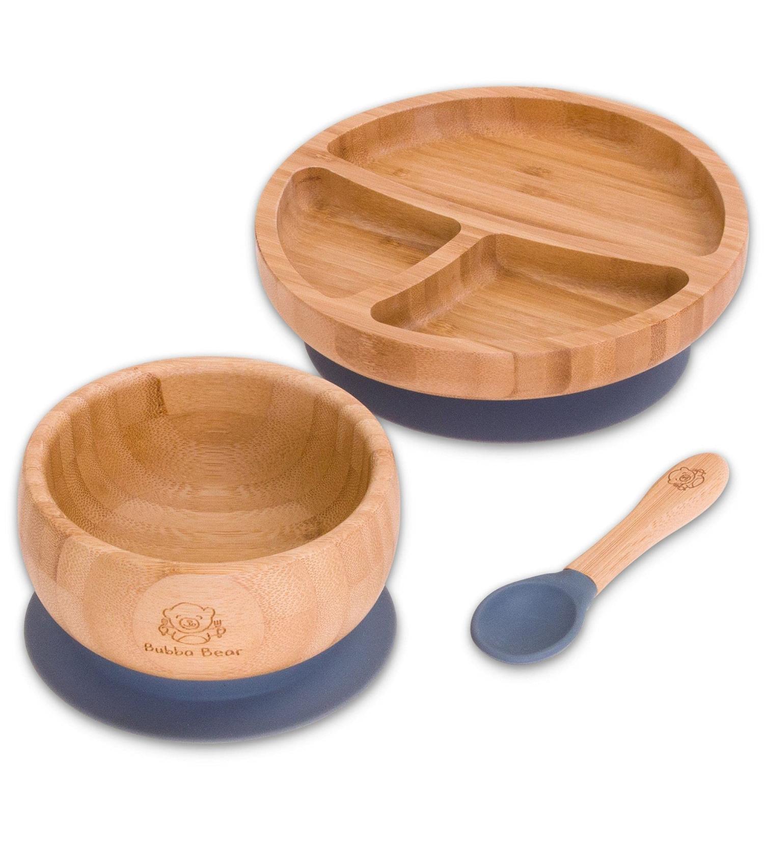 Bubba Bear Baby Bamboo Suction Bowl Plate & Spoon Set for Mess-Free Feeding | Toddler Led Weaning Bowls & Plates | Free Weaning Guide Included - Grey - Buy Online on SooperMarket.com