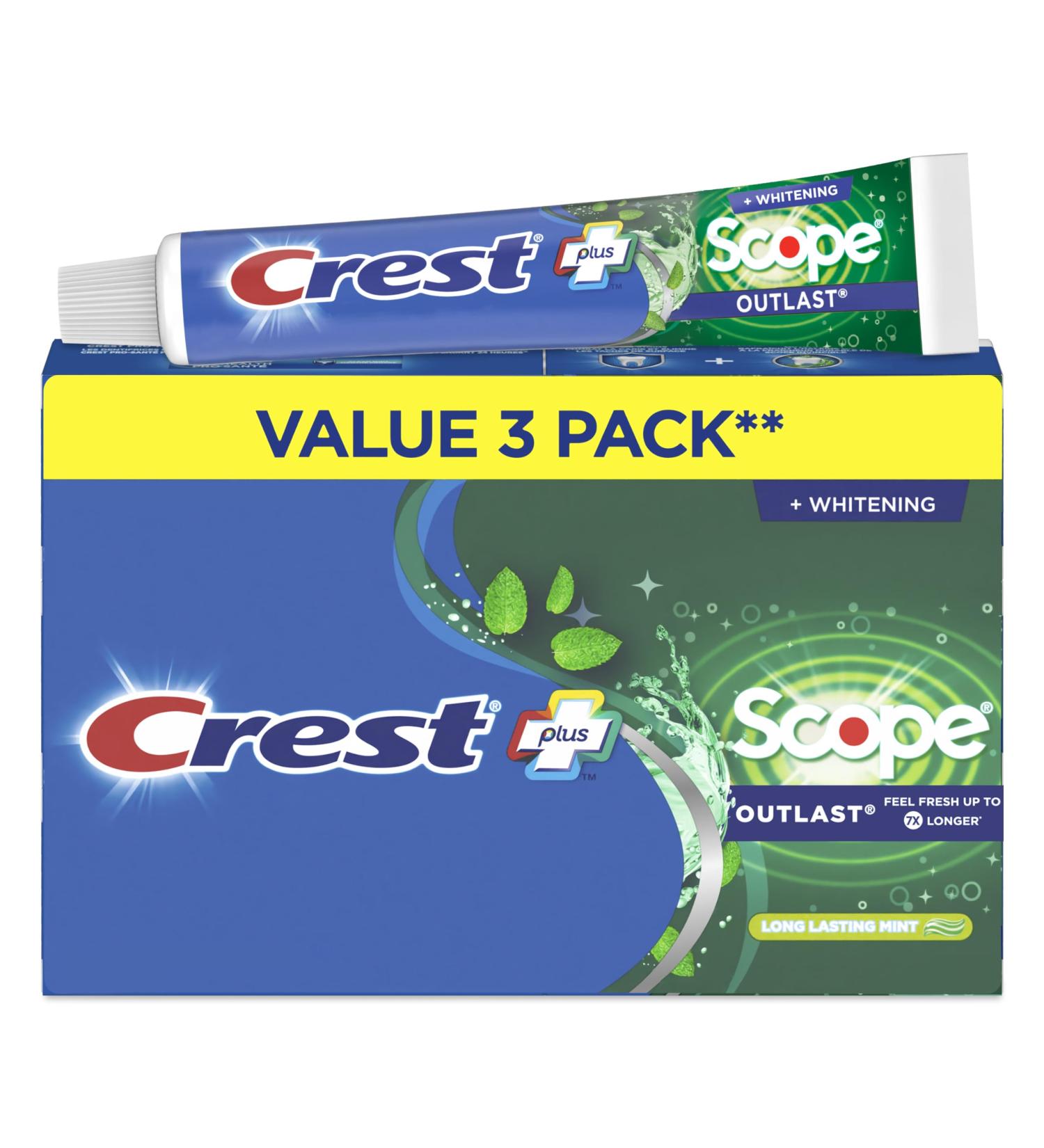 Crest Complete Whitening Toothpaste Plus Scope Outlast Long Lasting Mint Flavor 360 mL (Pack of 3) Toothpaste Scope Outlast (Pack of 3) - Buy Online on SooperMarket.com
