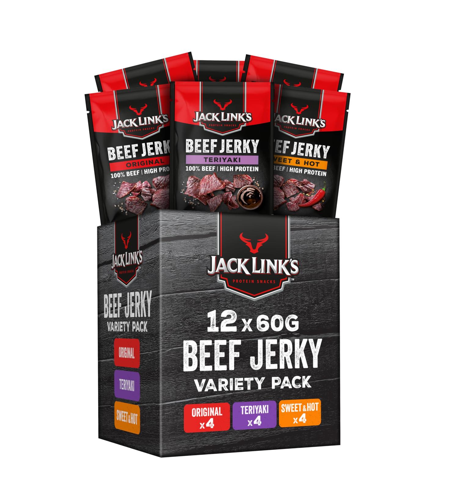 Jack Link's Beef Jerky Mixed Case 60g - 12-Pack Protein-Rich Dried Meat - 3 Flavor Variety - High Protein Snack for International Shipping - Buy Online on SooperMarket.com