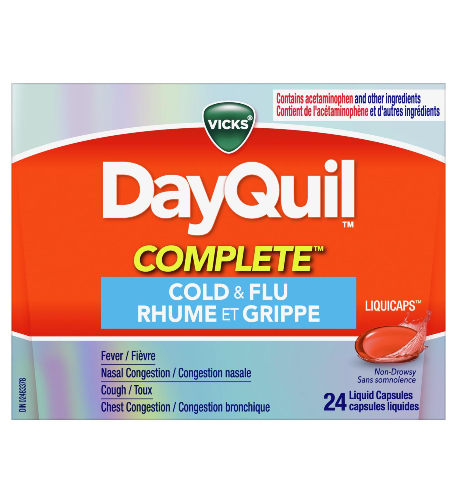 Vicks DayQuil COMPLETE Cold and Flu LiquiCaps Medicine Non-Drowsy Daytime Multi-Symptom Relief for Cough Congestion Fever Sore Throat Pain 24 Count 24 Count (Pack of 1) - Buy Online on SooperMarket.com
