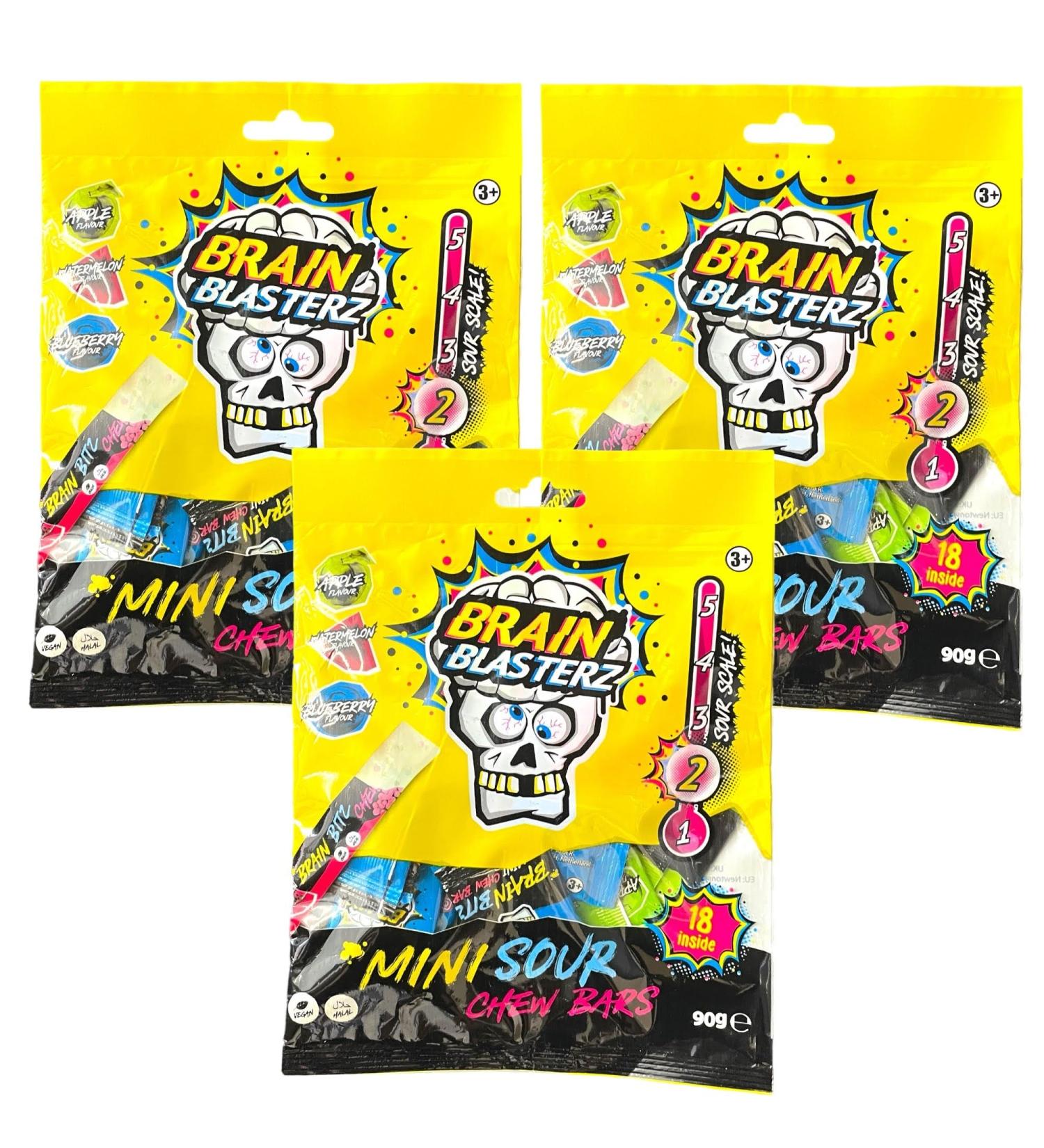 Brain Blasterz Super Sour Chew Bars Sweets Suitable for Vegans and Halal - 3x Packs 90g - 54 Chews - Buy Online on SooperMarket.com