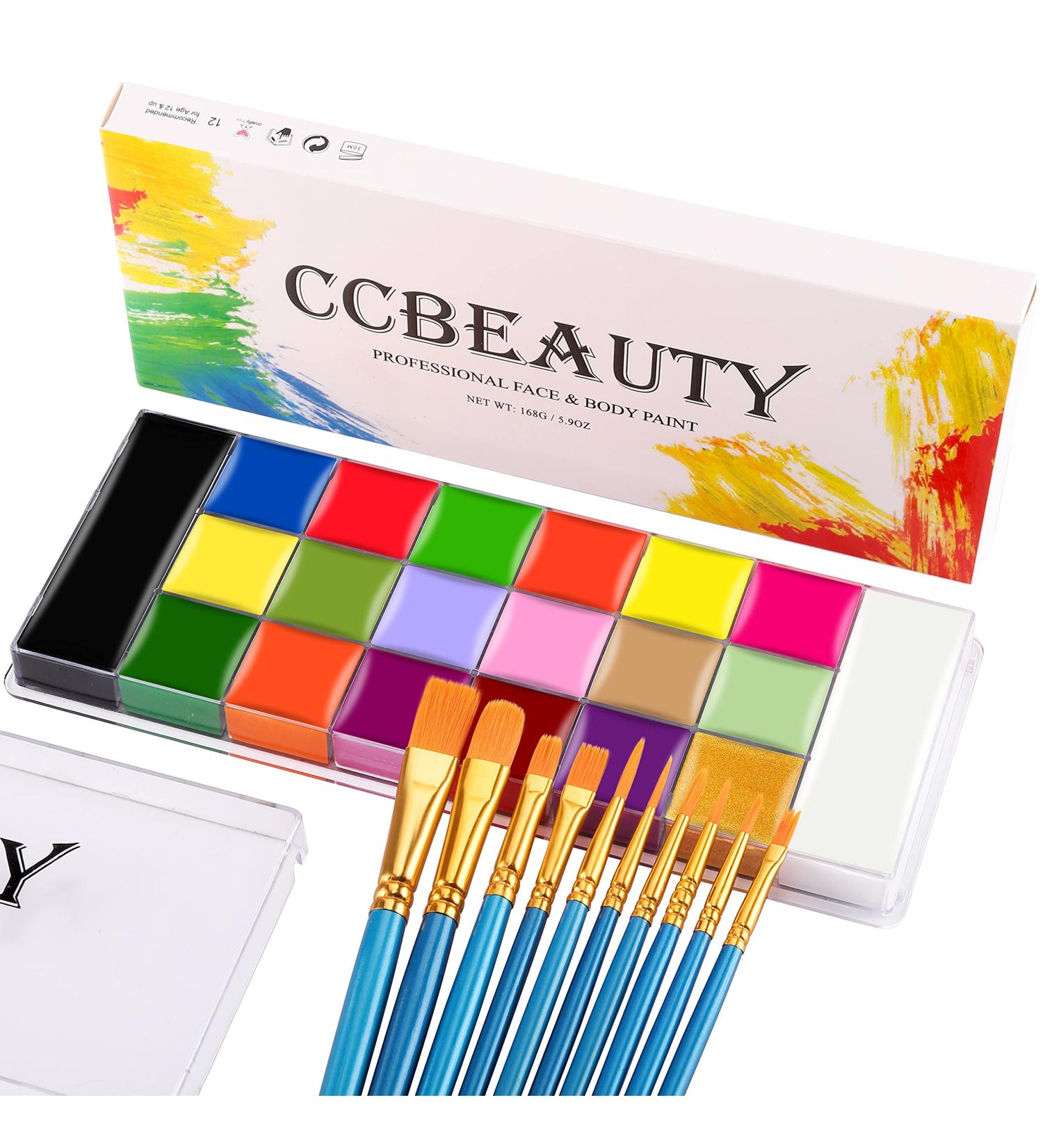 CCbeauty Professional Face Body Paint Set - 20 Colors for Halloween Neon Face Painting, SFX Cosplay & Costume Makeup | UV Glow + Classic Colors | Oil Based with 10 Brushes Included - Buy Online on SooperMarket.com