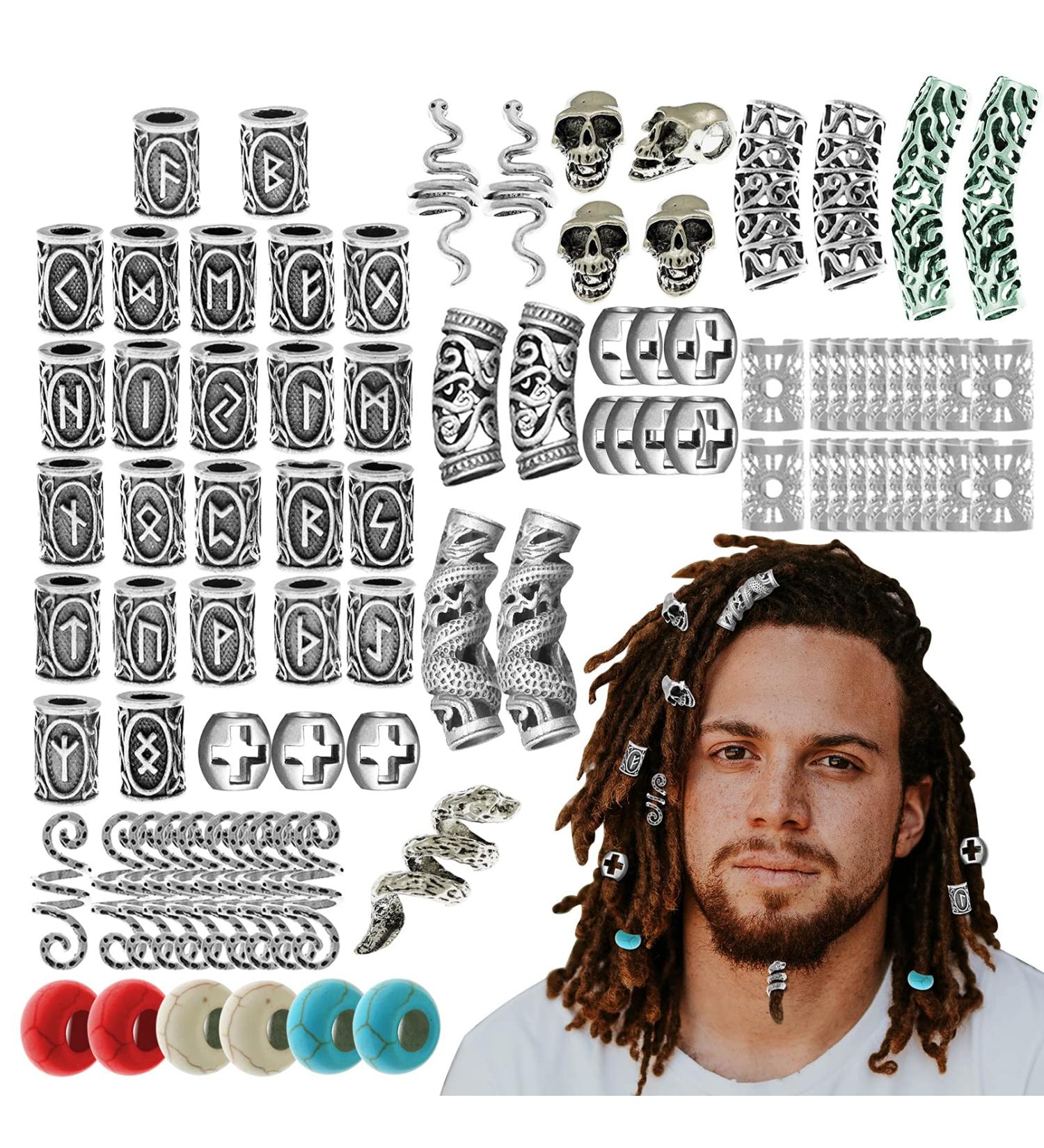 85Pcs Viking Norse Rune Beard Beads Hair Braids Dreadlock Skull Snake Wolf Turquoise Cross Accessories - Vintage Silver - Buy Online on SooperMarket.com