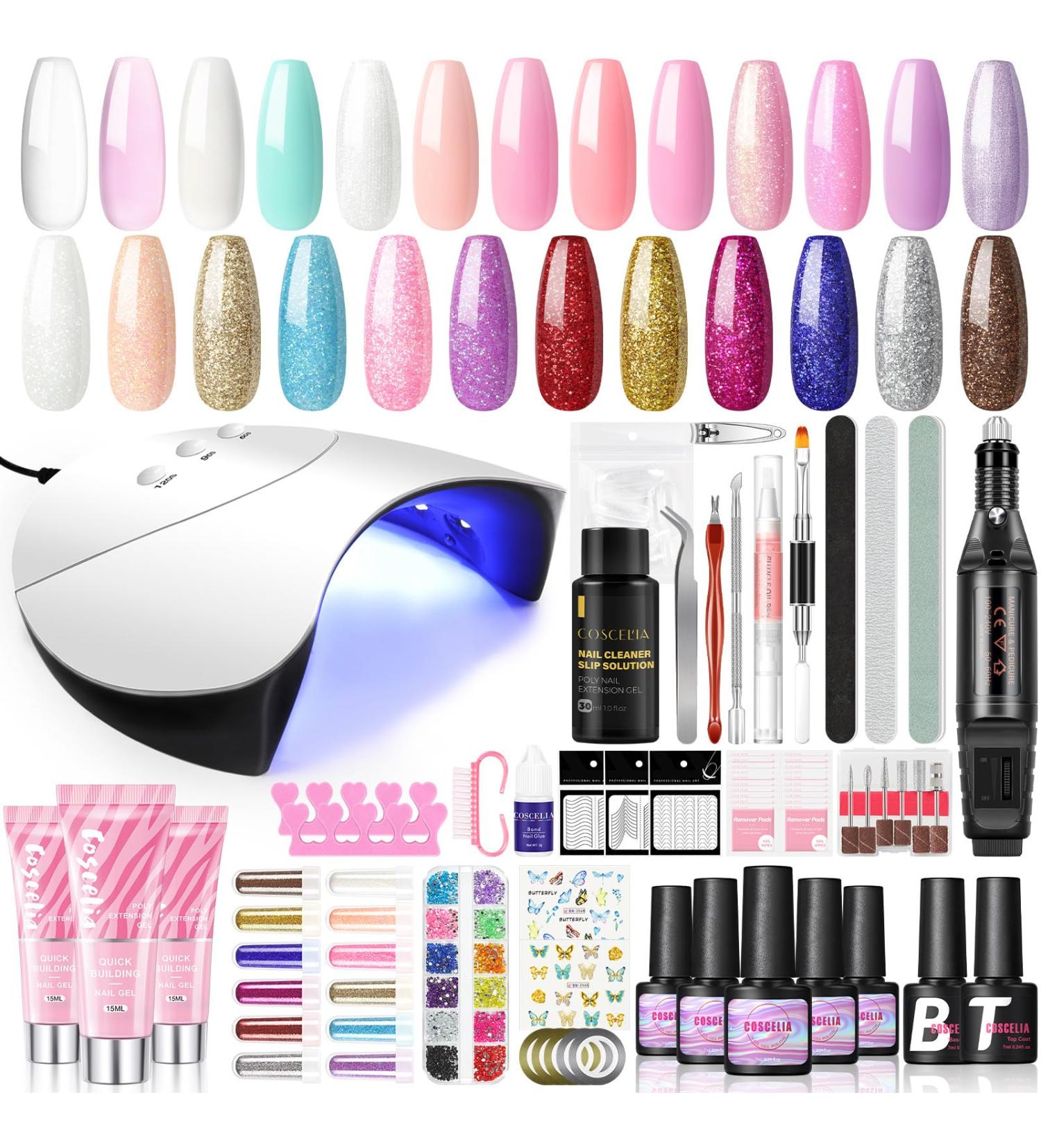 Gel Nail Polish Kit with U V Light and Drill Starter Kit 10pcs Gel Polish and 3PC Poly Extension Gel Glitter Nail Rhinestones Decoration Powders Stickers Gel Manicure Kit at Home Gifts for Women - Buy Online on SooperMarket.com