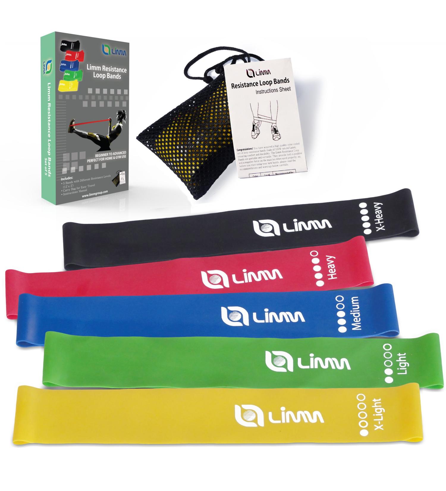 Limm Resistance Loop Exercise Bands - Set of 5 with Instruction Guide & Carry Bag - Latex Stretch Bands for Home Workout & Physical Therapy - Multicolor Set for Women and Men - Buy Online on SooperMarket.com