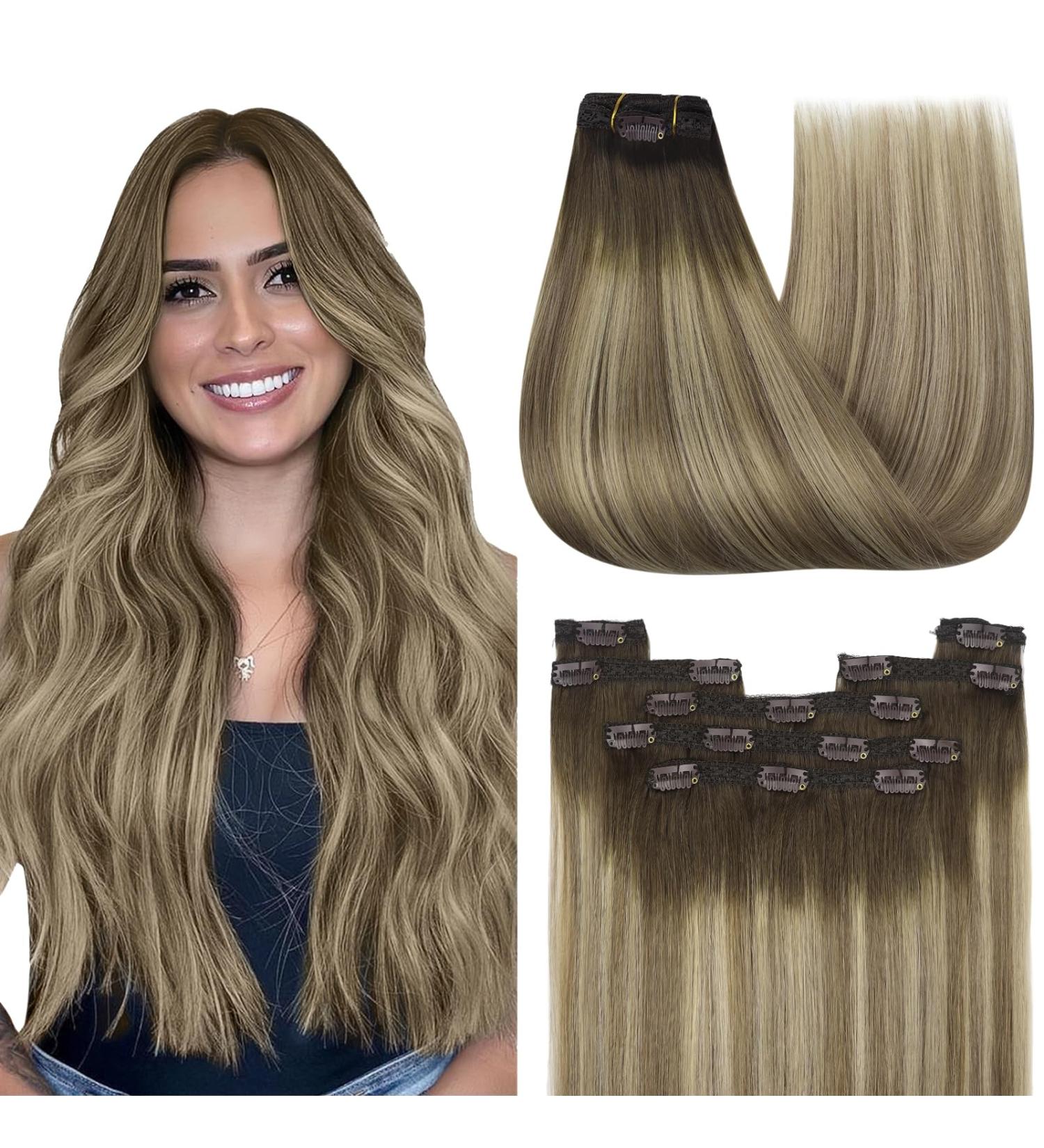 Youngsee 55cm Balayage Clip-In Real Hair Extensions - Brown to Blonde Remy Hair 120g 7PCS - Buy Online on SooperMarket.com