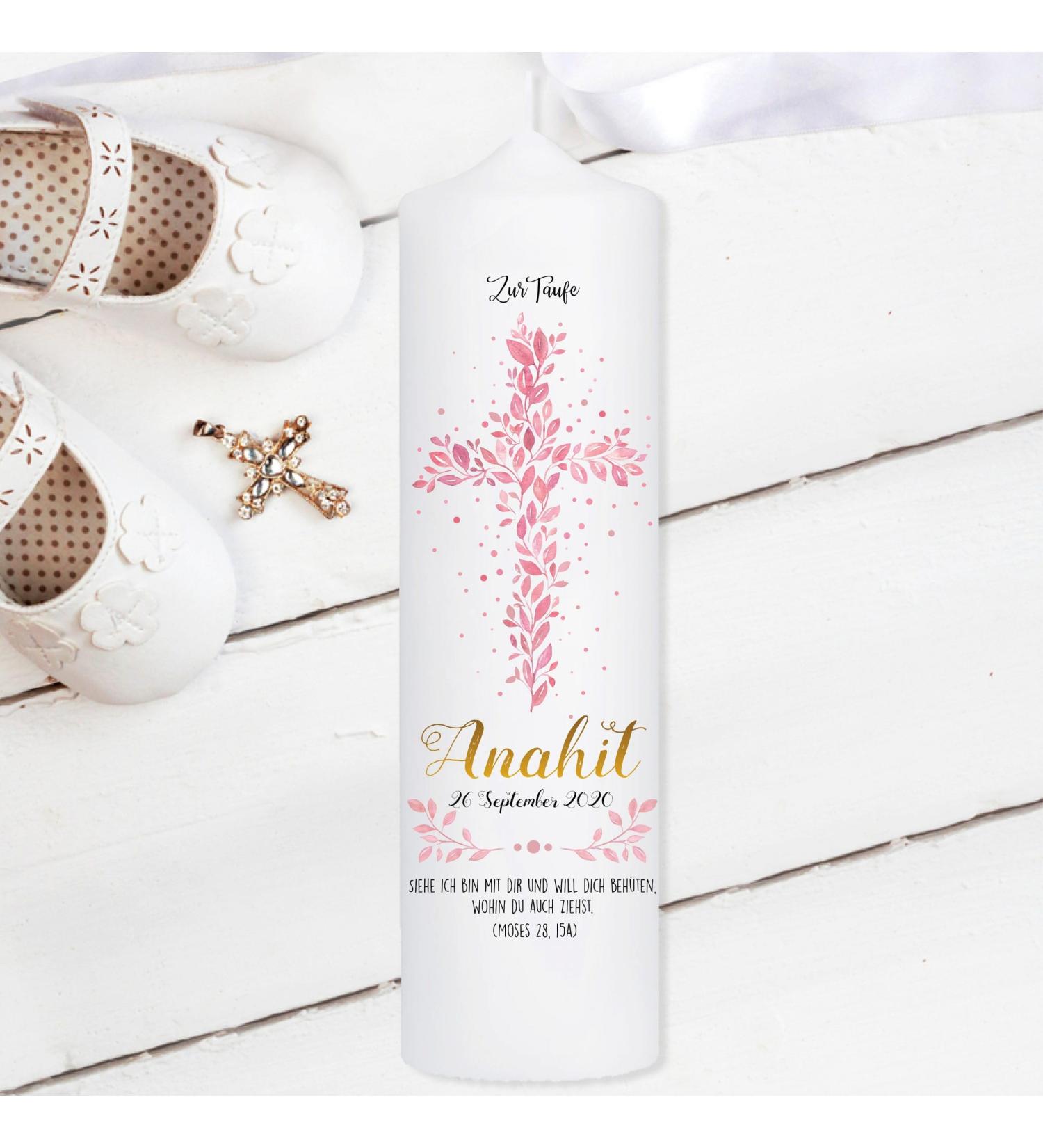 Personalized Wall Decals & Baptismal Candle - Pink Leaves Holy Cross Design 25cm x 7cm - Unique Individual Baptism Gift - Buy Online on SooperMarket.com