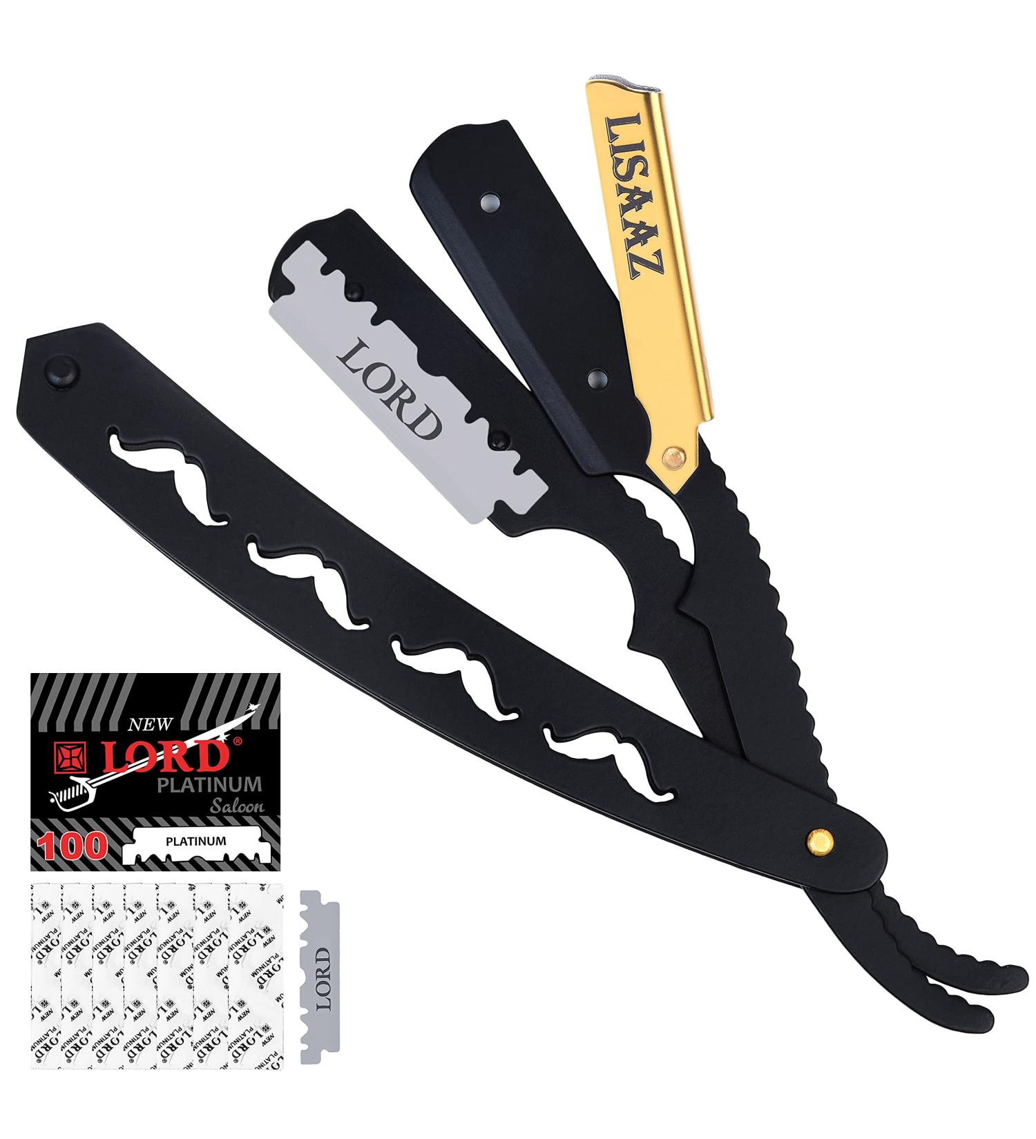 Lisaaz Straight Razors for Men - 100 Blades, Black Stainless Steel, Professional Finish - Quality Mens Shaving Razors - Navajas para Barbero - 4.8 inch Matte Black Gold Clip - Buy Online on SooperMarket.com
