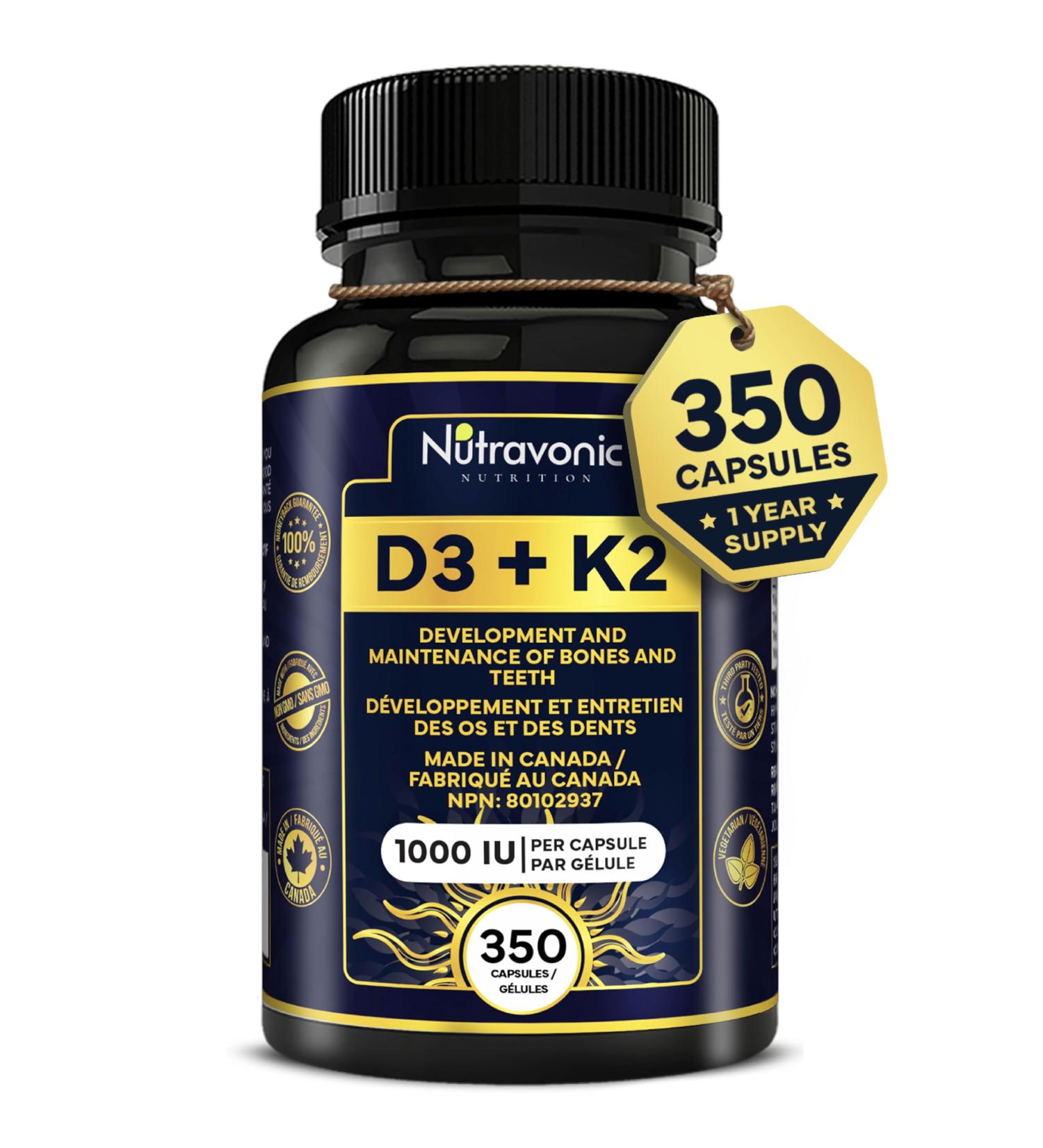 New! 350 Vegan Capsules of Vitamin D3 K2 High Potency 1000 IU D3 (25 mcg) / 120 mcg K2 (MK-7) - Year Long Supply Vitamin D - Helps Maintain Bone & Teeth Health - Formulated With MK-7 Natto Bean For Best Results - Immune System Support Vegan - Made In Cana - Buy Online on SooperMarket.com