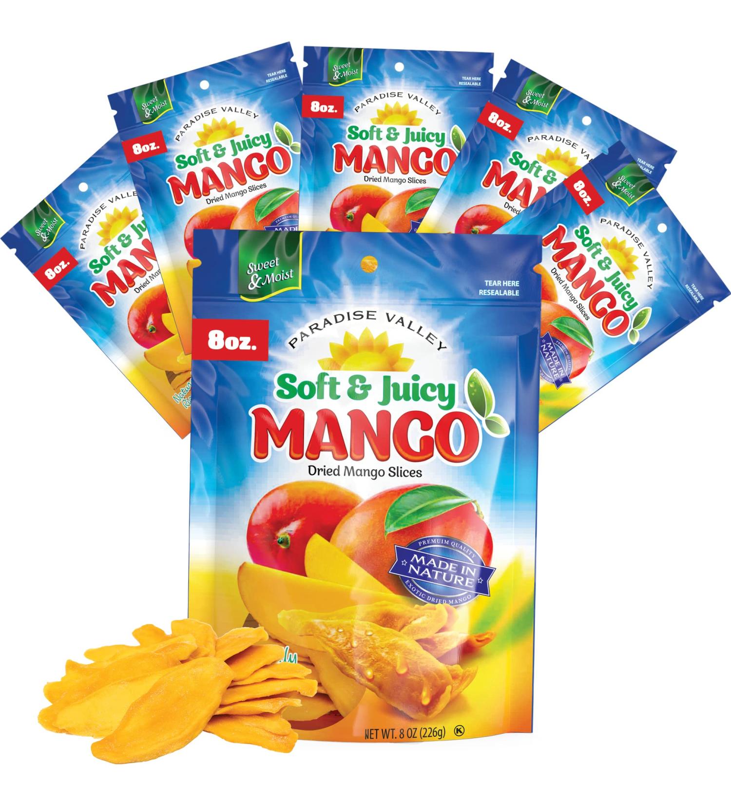 Dried Mango Slices - Soft, Juicy, Low Sugar, Gluten-Free, Natural Source of Vitamin C & Fiber (8 oz. x 6 Pack) - Buy Online on SooperMarket.com