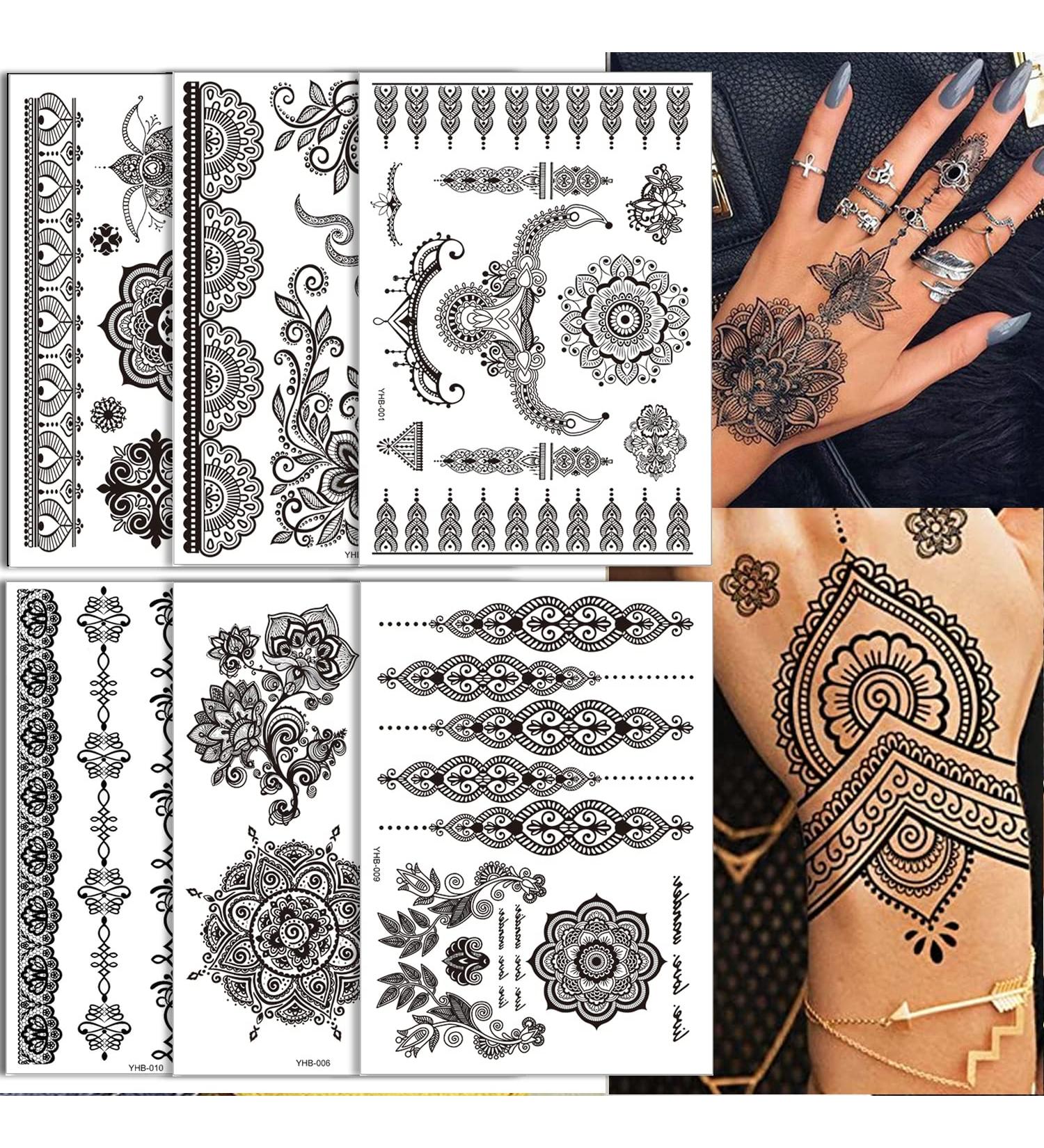 Black Henna Temporary Tattoo Stickers - Lace Pattern Body Art Design for Women - Waterproof and Sexy Mandala Flower Fake Tattoos - 6 Sheets - Buy Online on SooperMarket.com