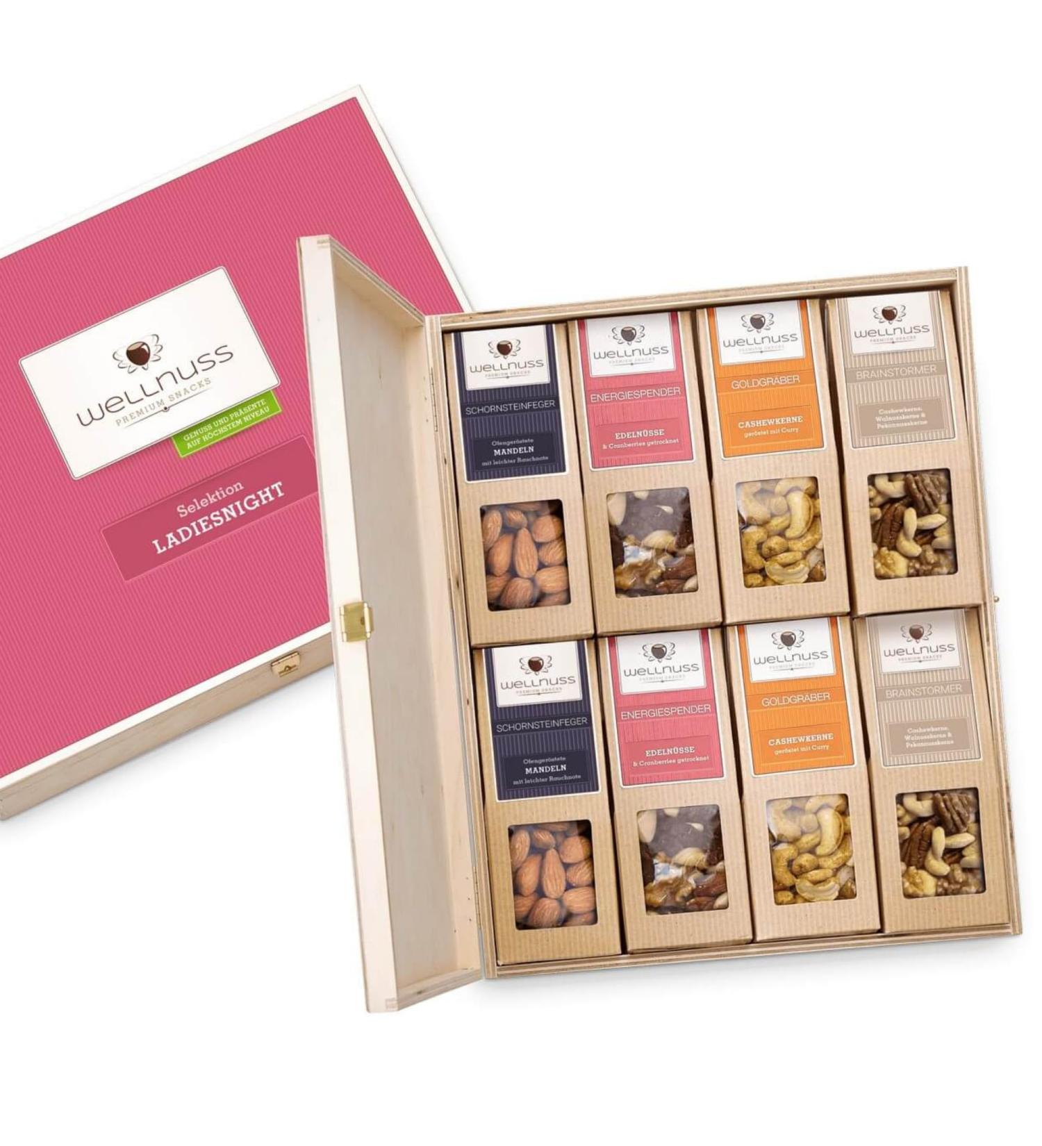 Wellnuss Ladiesnight Premium Vegan Gift Set for Women | 8 Nut Snacks in Birch Wood Box | Perfect Gift for Girlfriend Mother Sister - Buy Online on SooperMarket.com
