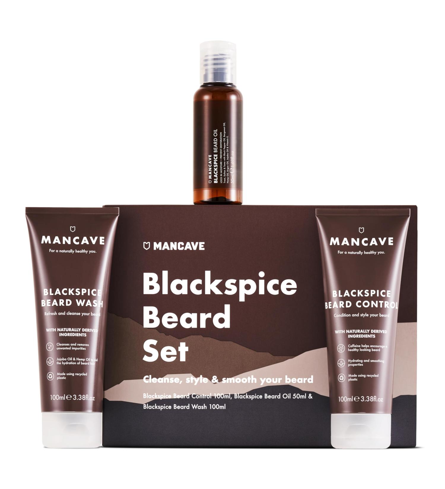 ManCave Blackspice Beard Gift Set - 3 Grooming Essentials for Thicker, Healthier Beard | Vegan-Friendly, Recycled Plastic Tubes | Made in England - Buy Online on SooperMarket.com