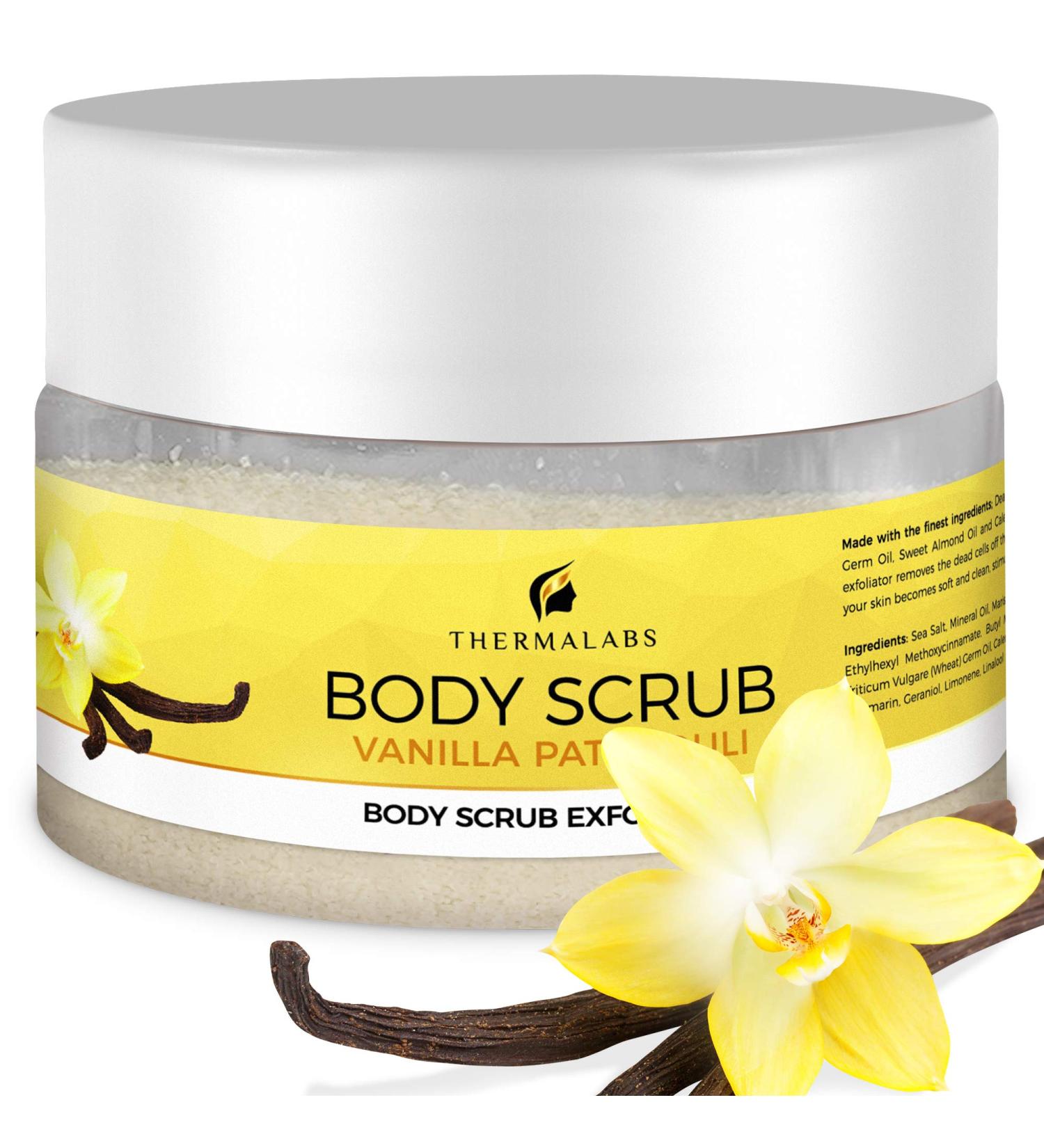 Organic Vanilla Patchouli Body Scrub Exfoliator | Deep Cleanse Soft Skin & Acne Treatment | Ideal for Self Tanning - Buy Online on SooperMarket.com